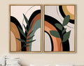 Framed Canvas Print Wall Art Set of 2 Ring Circles Plants Abstract Shapes Illustration Mid Century Modern Wall Art Boho Decor