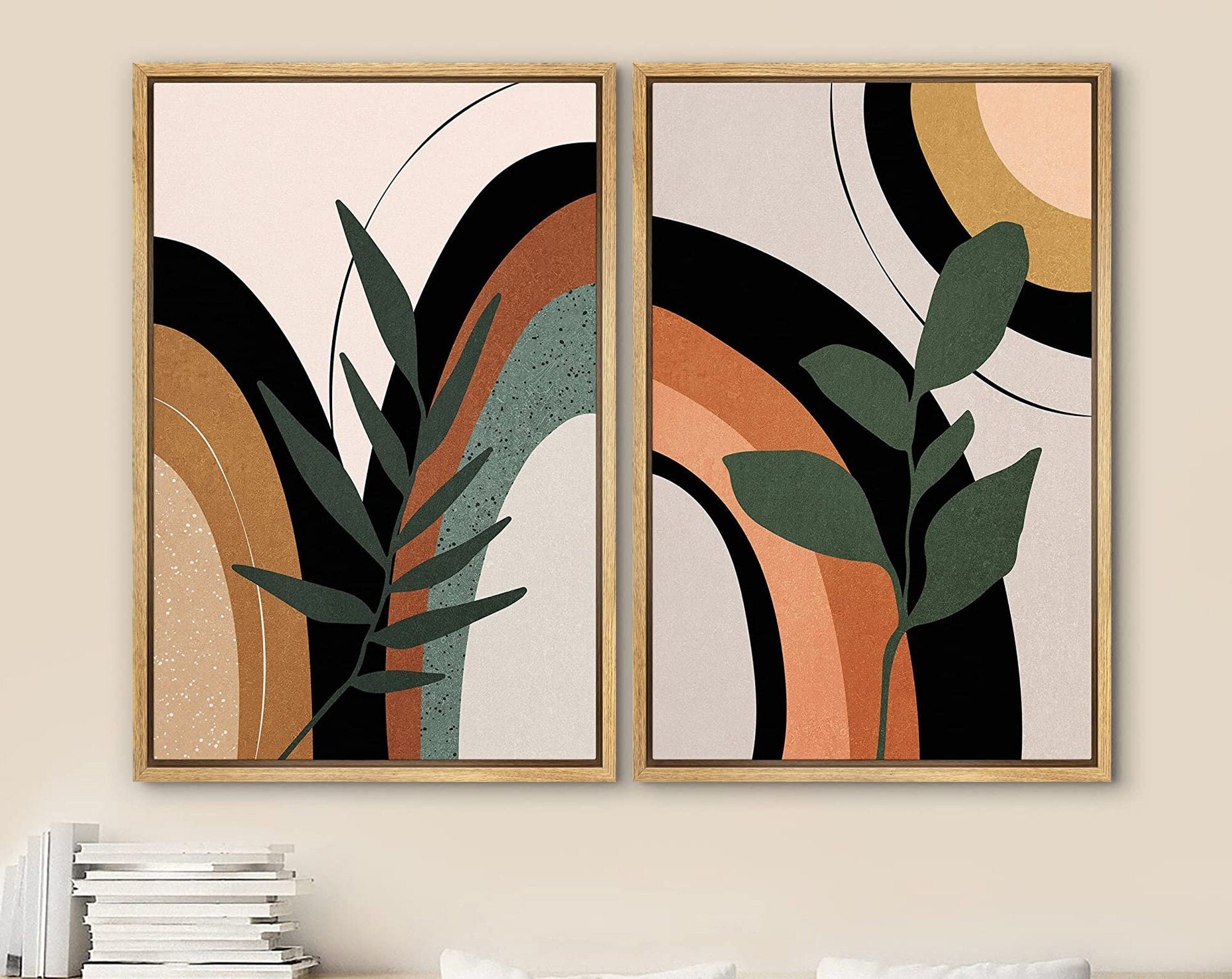 Framed Canvas Print Wall Art Set of 2 Ring Circles Plants Abstract Shapes Illustration Mid Century Modern Wall Art Boho Decor