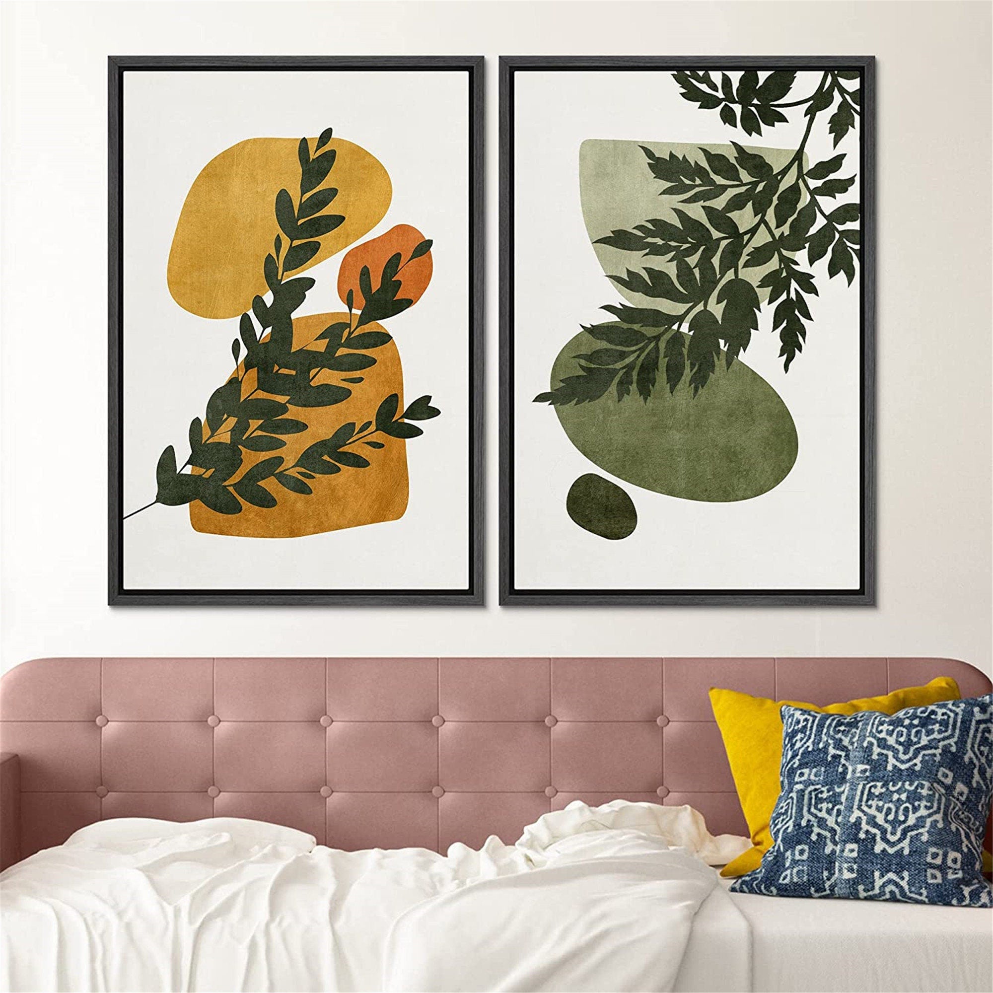 Framed Canvas Print Wall Art Set of 2 Fern Leaf Collage Abstract Shapes Illustrations Mid Century Modern Art Boho Decor