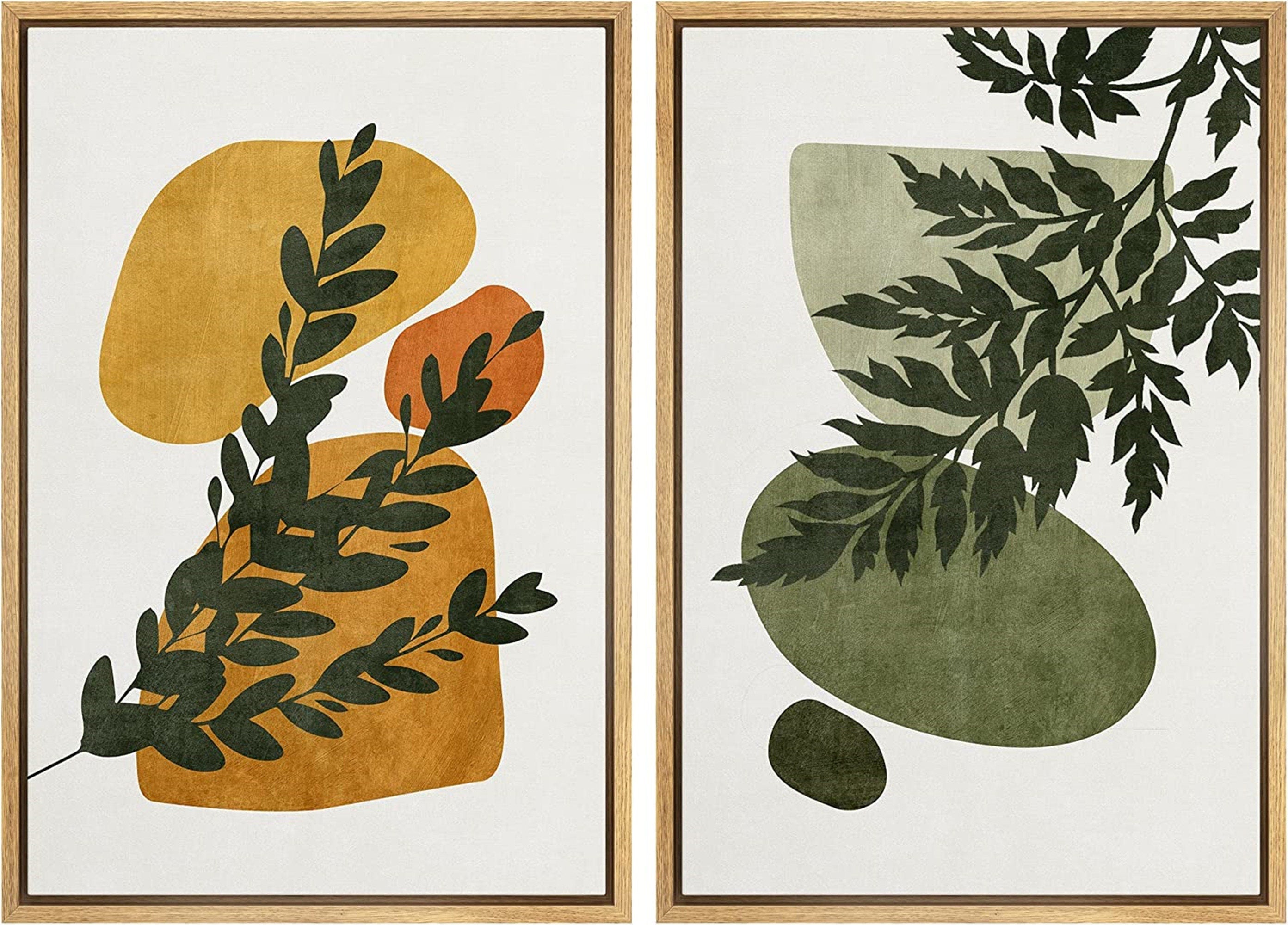 Framed Canvas Print Wall Art Set of 2 Fern Leaf Collage Abstract Shapes Illustrations Mid Century Modern Art Boho Decor