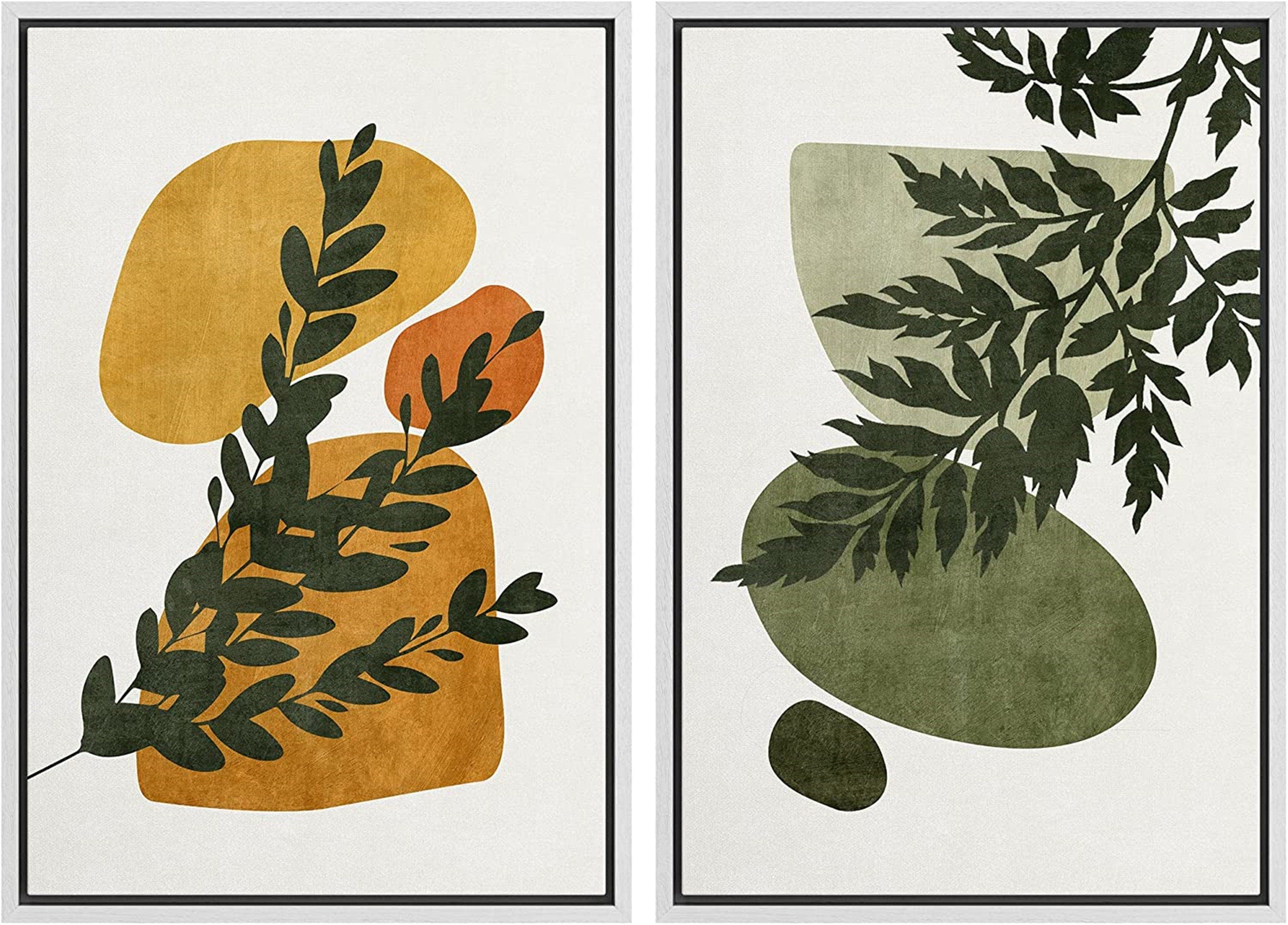 Framed Canvas Print Wall Art Set of 2 Fern Leaf Collage Abstract Shapes Illustrations Mid Century Modern Art Boho Decor