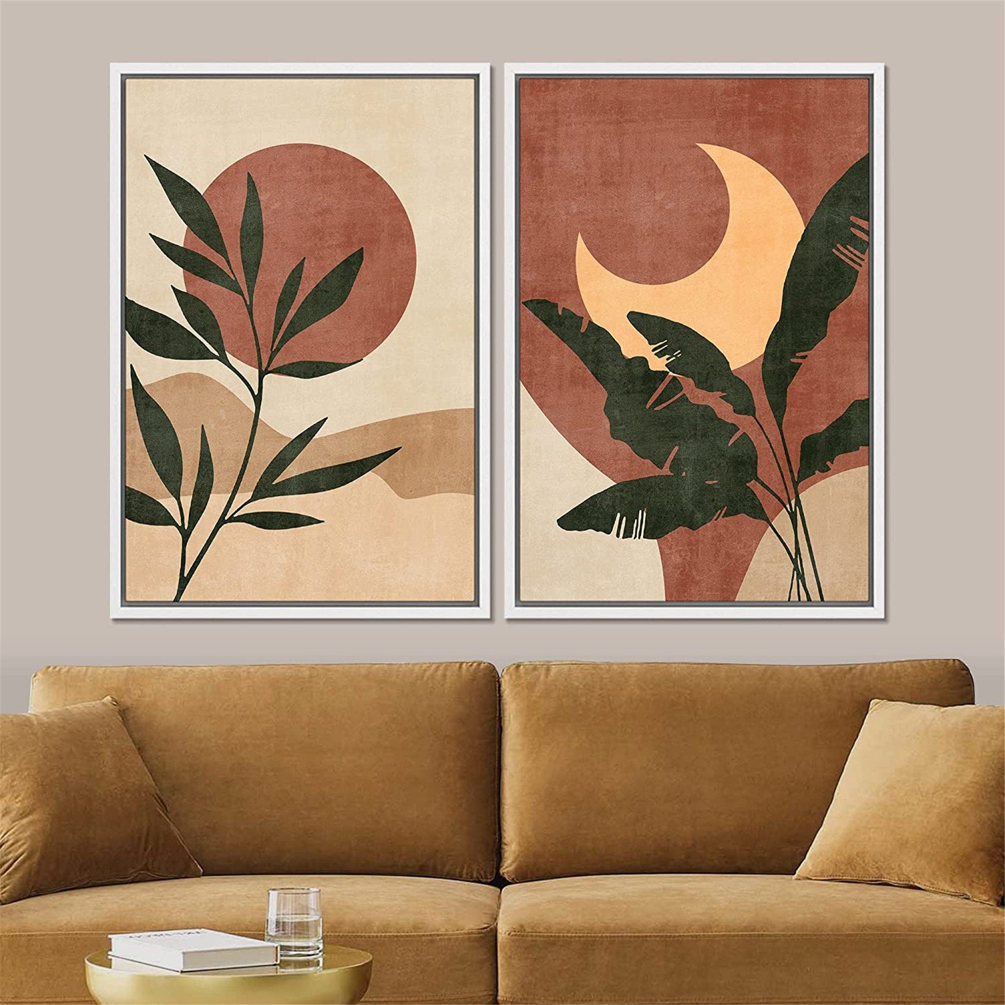 Framed Canvas Print Wall Art Set of 2 Tropical Desert Oasis Jungle Leaf Abstract Illustrations Mid Century Modern Art Boho Decor