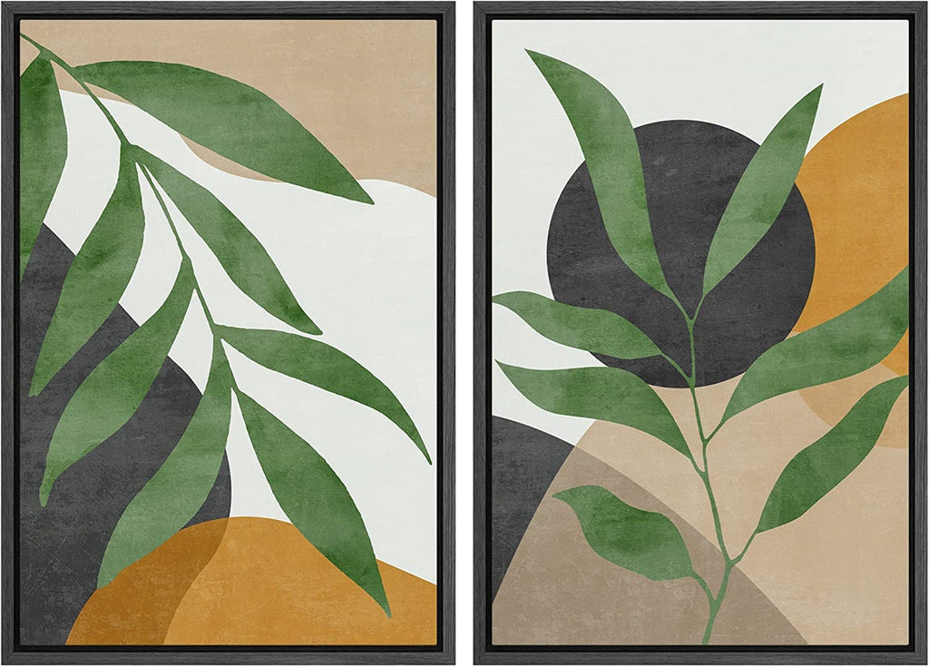 Framed Canvas Print Wall Art Set of 2 Plant Polygon Abstract Shapes Illustrations Mid Century Modern Art Boho Decor