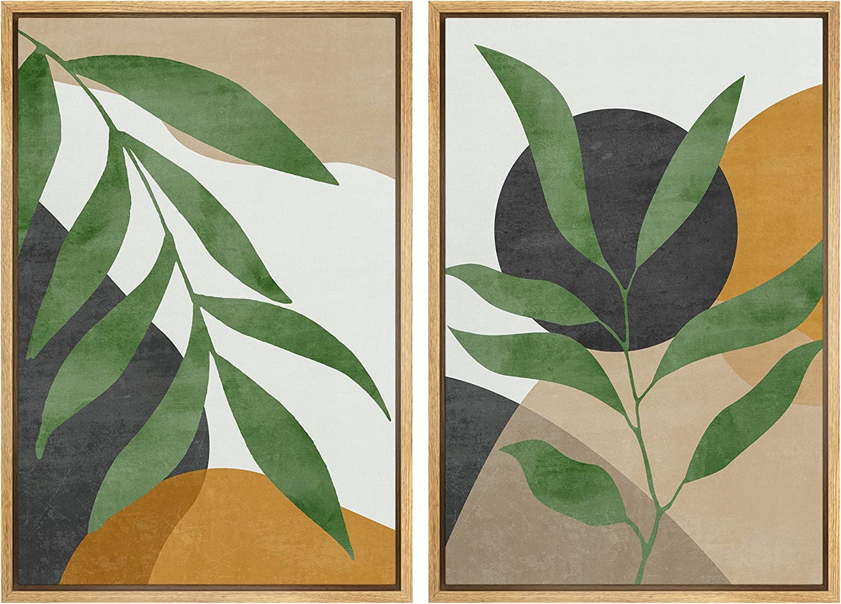 Framed Canvas Print Wall Art Set of 2 Plant Polygon Abstract Shapes Illustrations Mid Century Modern Art Boho Decor