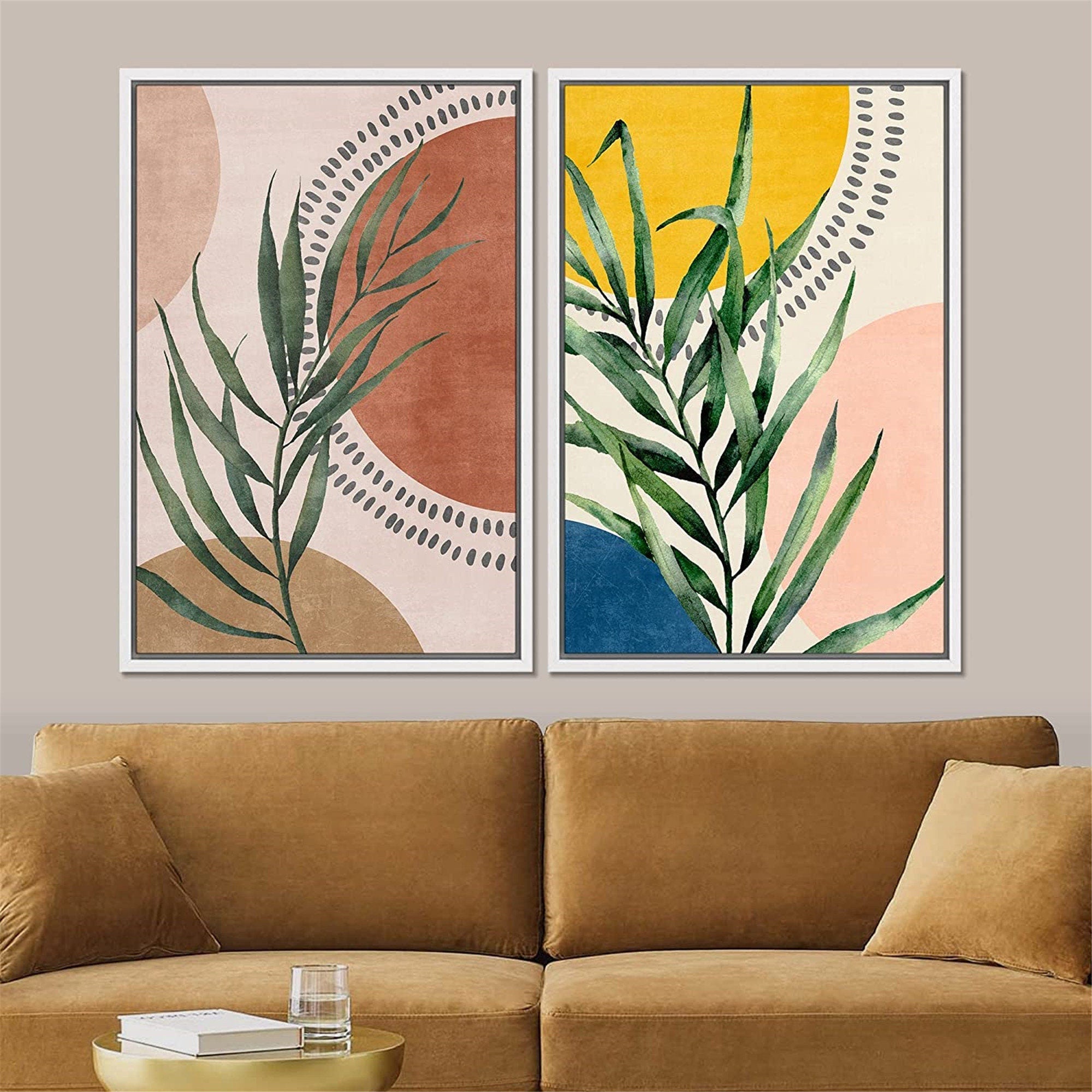 Framed Canvas Print Wall Art Set of 2 Geometric Plants Polygons Abstract Shapes Illustration Mid Century Modern Art Boho Decor