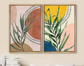 Framed Canvas Print Wall Art Set of 2 Geometric Plants Polygons Abstract Shapes Illustration Mid Century Modern Art Boho Decor