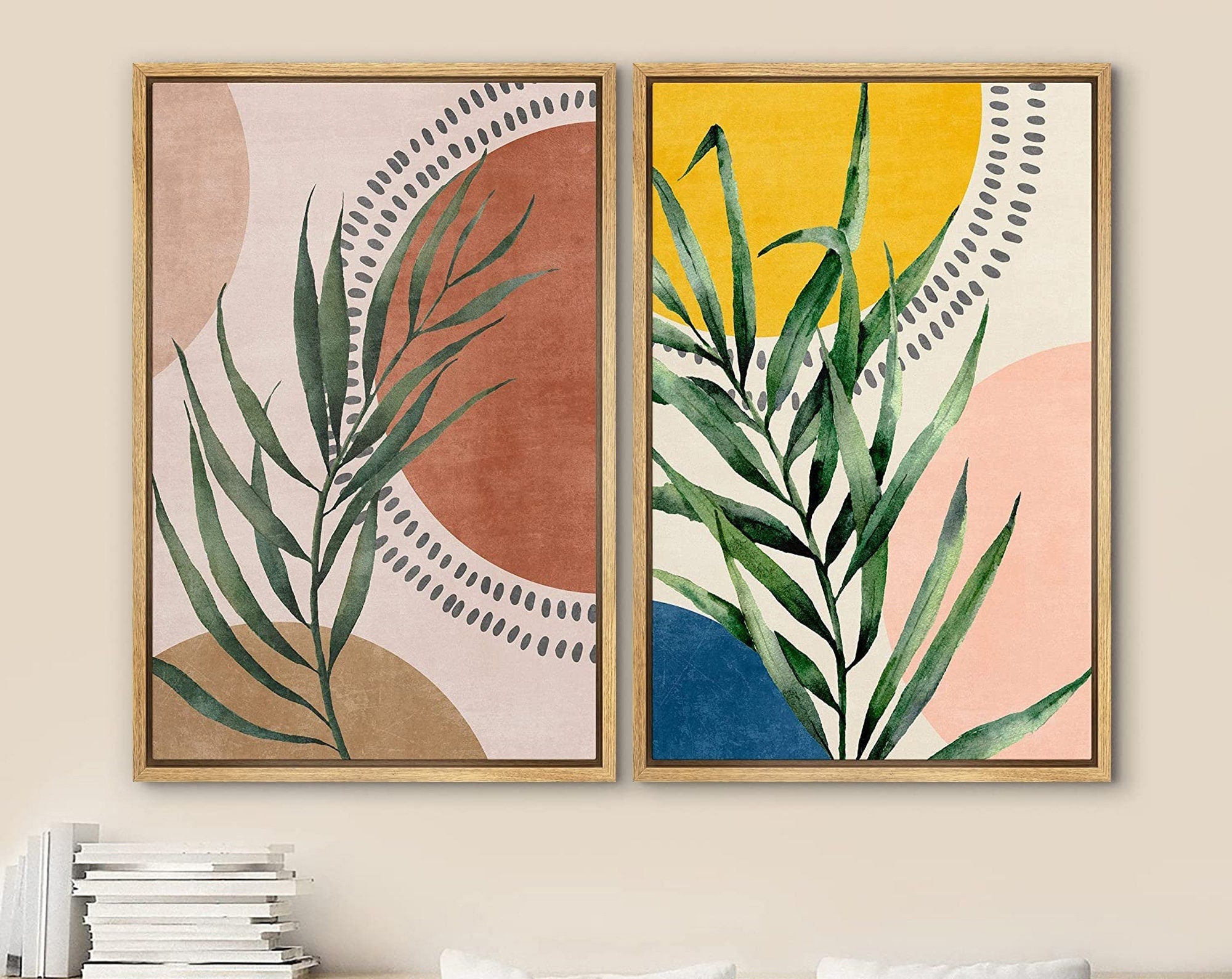 Framed Canvas Print Wall Art Set of 2 Geometric Plants Polygons Abstract Shapes Illustration Mid Century Modern Art Boho Decor