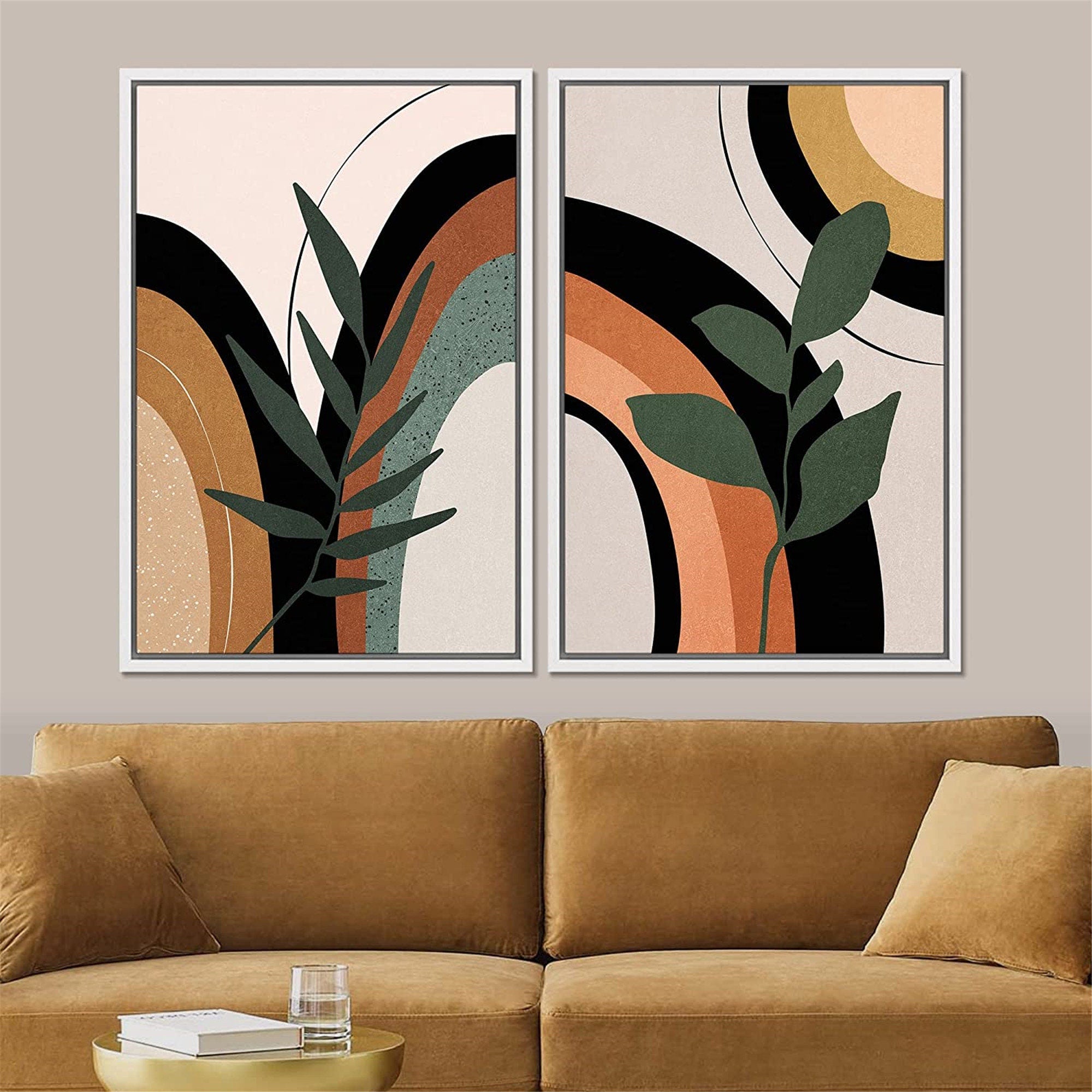 Framed Canvas Print Wall Art Set of 2 Ring Circles Plants Abstract Shapes Illustration Mid Century Modern Wall Art Boho Decor