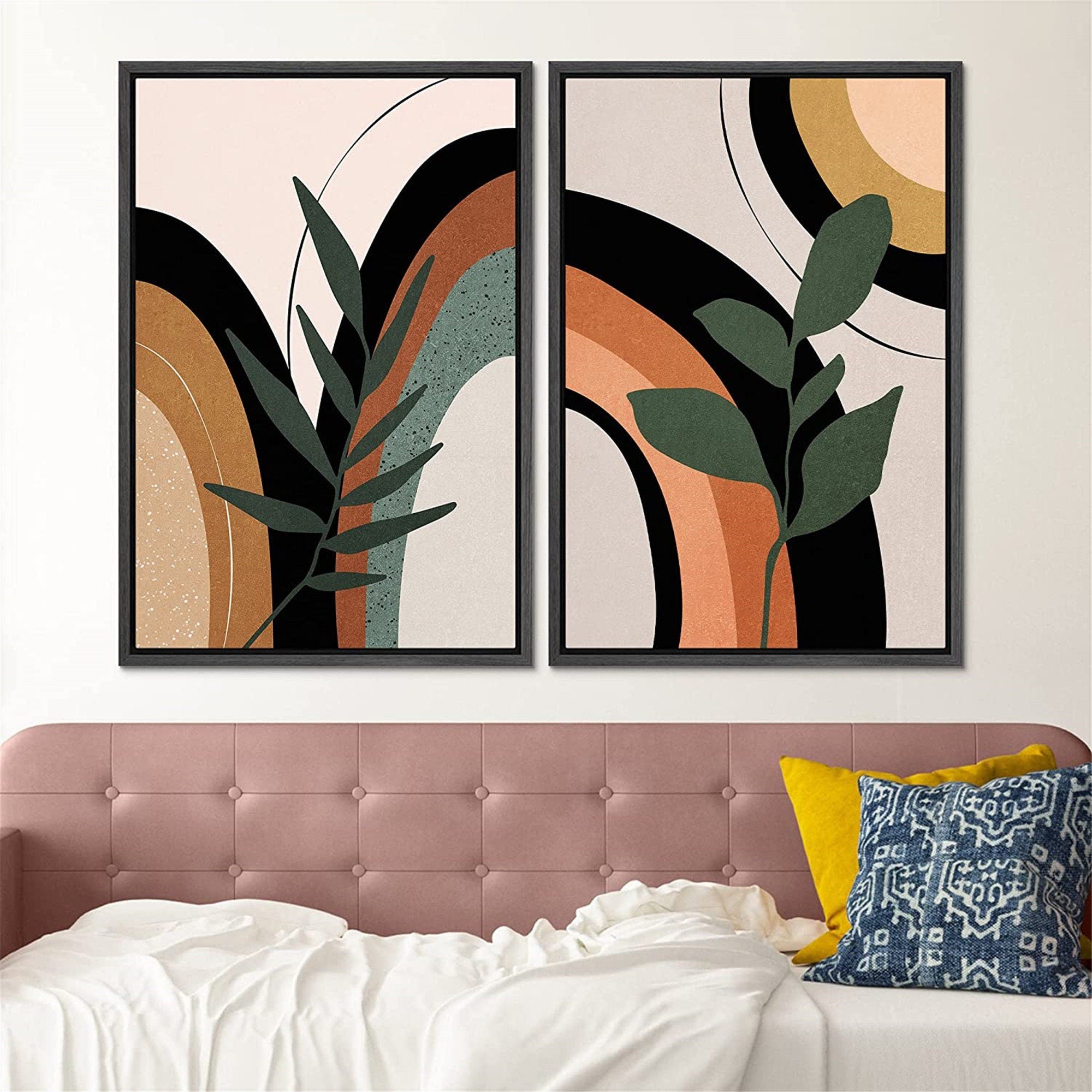 Framed Canvas Print Wall Art Set of 2 Ring Circles Plants Abstract Shapes Illustration Mid Century Modern Wall Art Boho Decor