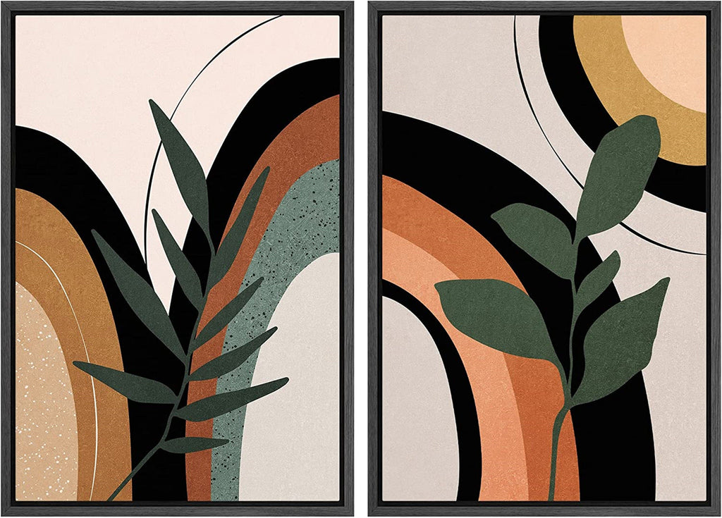 Framed Canvas Print Wall Art Set of 2 Ring Circles Plants Abstract Shapes Illustration Mid Century Modern Wall Art Boho Decor
