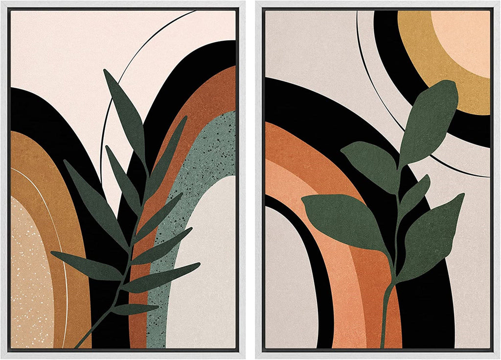 Framed Canvas Print Wall Art Set of 2 Ring Circles Plants Abstract Shapes Illustration Mid Century Modern Wall Art Boho Decor