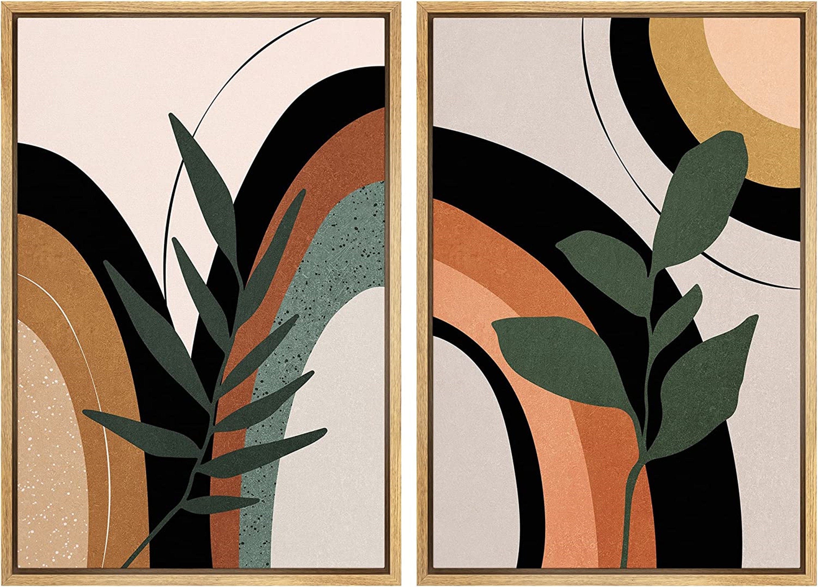 Framed Canvas Print Wall Art Set of 2 Ring Circles Plants Abstract Shapes Illustration Mid Century Modern Wall Art Boho Decor