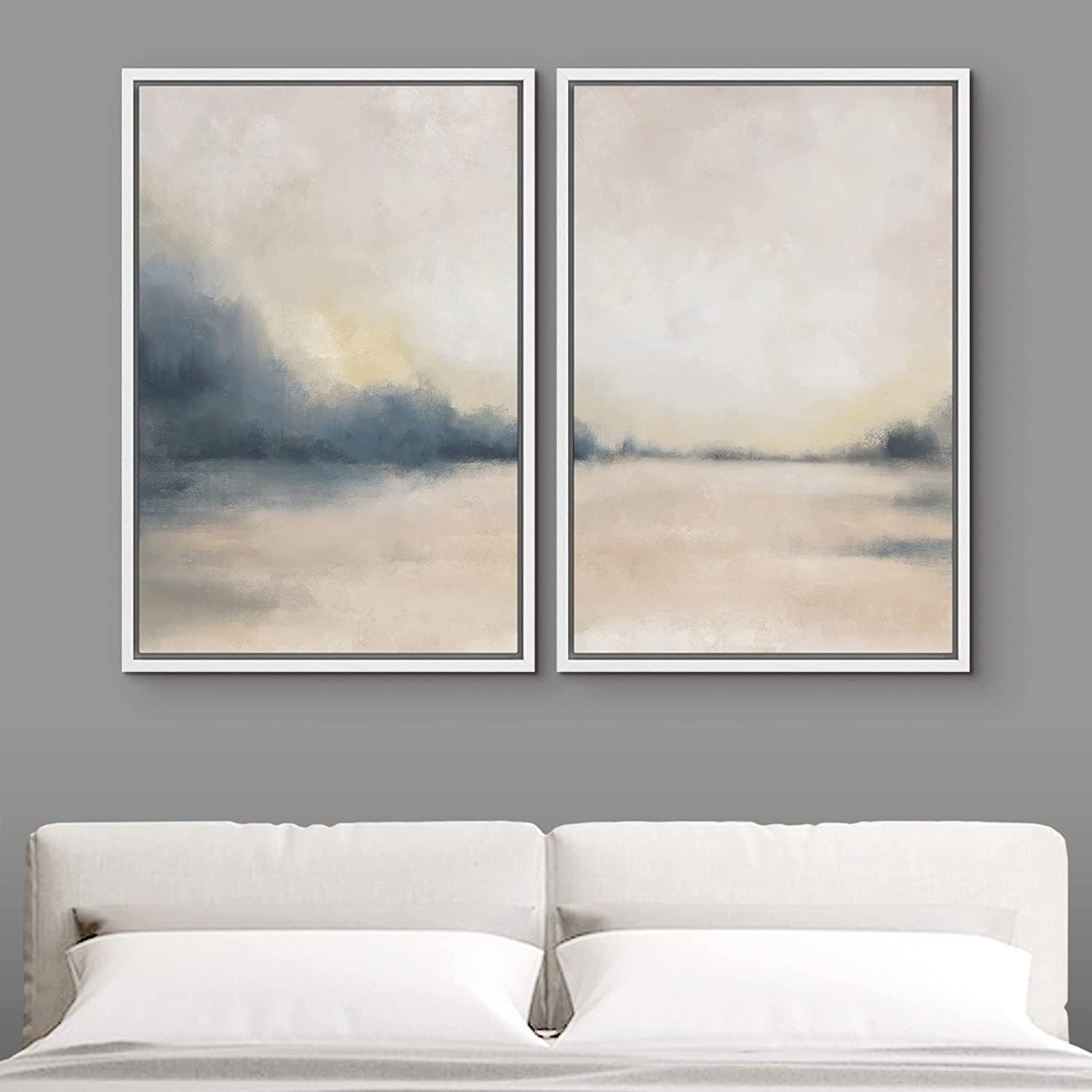 Framed Canvas Print Wall Art Set of 2 Pastel Gray Tan Abstract Landscape Modern Art Neutral Minimalist Decor