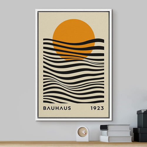 Framed Canvas Print Wall Art Bauhaus Sun and Waves Abstract Illustration Mid Century Modern Wall Art Minimalist Decor