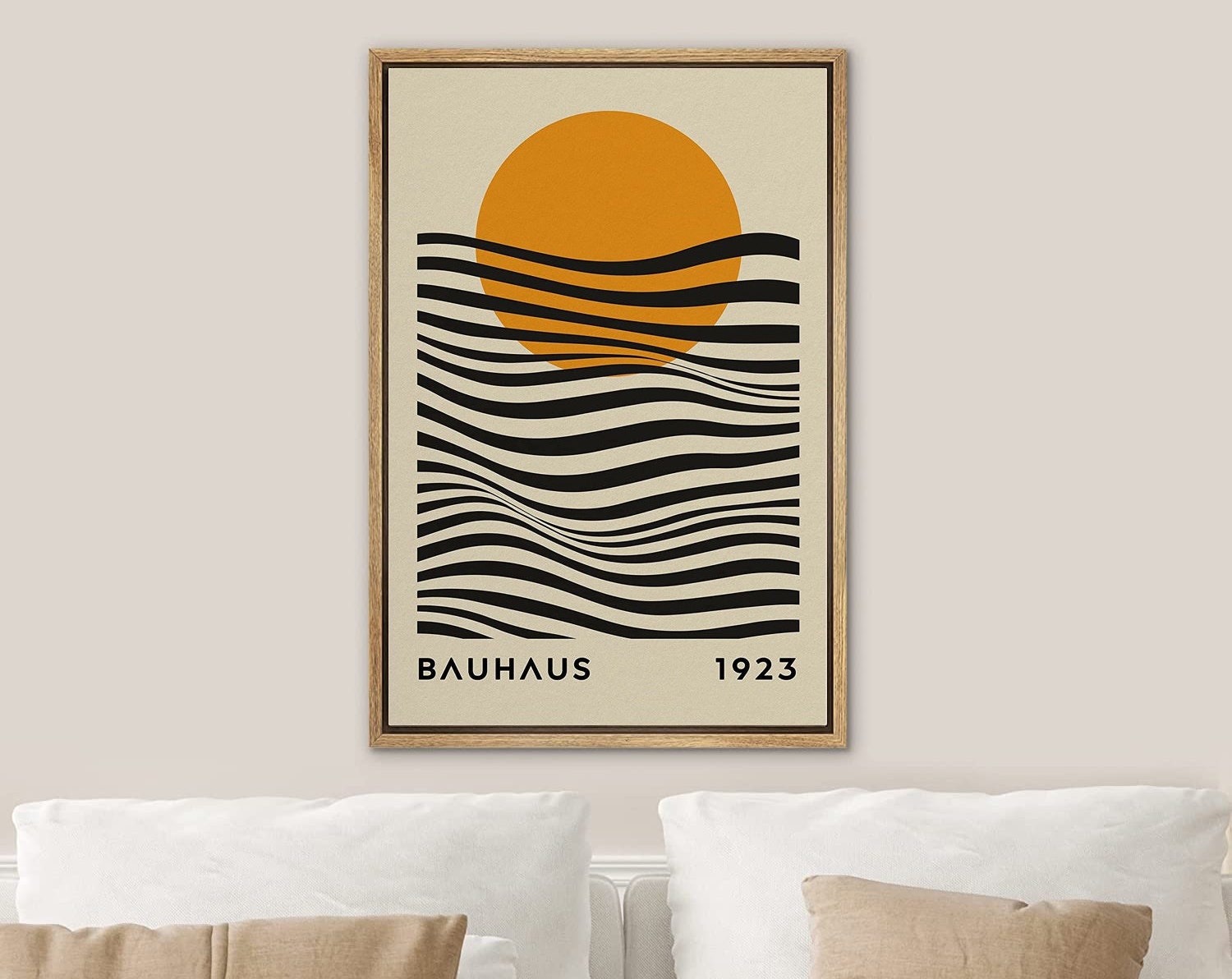 Framed Canvas Print Wall Art Bauhaus Sun and Waves Abstract Illustration Mid Century Modern Wall Art Minimalist Decor