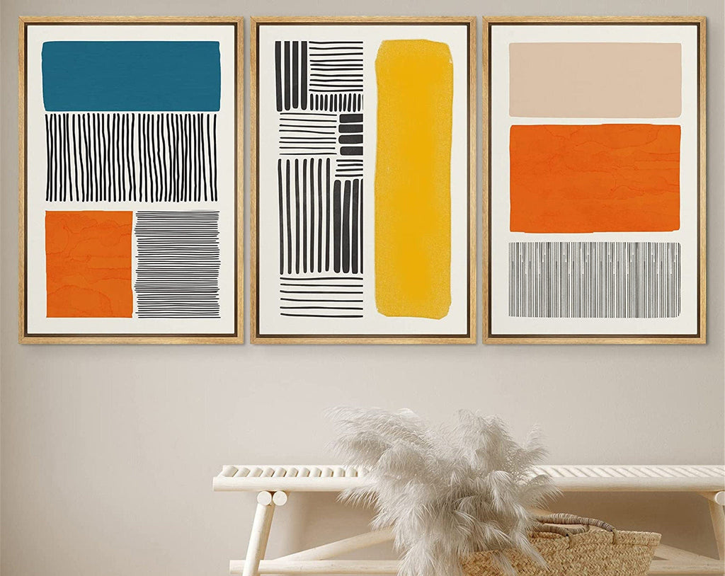 Framed Canvas Print Wall Art Set Color Blocks Abstract Shapes Illustrations Mid Century Modern Wall Art Boho Decor