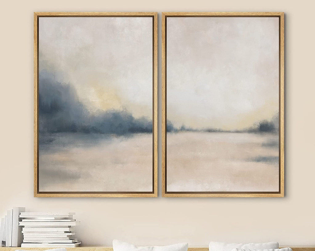 Framed Canvas Print Wall Art Set of 2 Pastel Gray Tan Abstract Landscape Modern Art Neutral Minimalist Decor