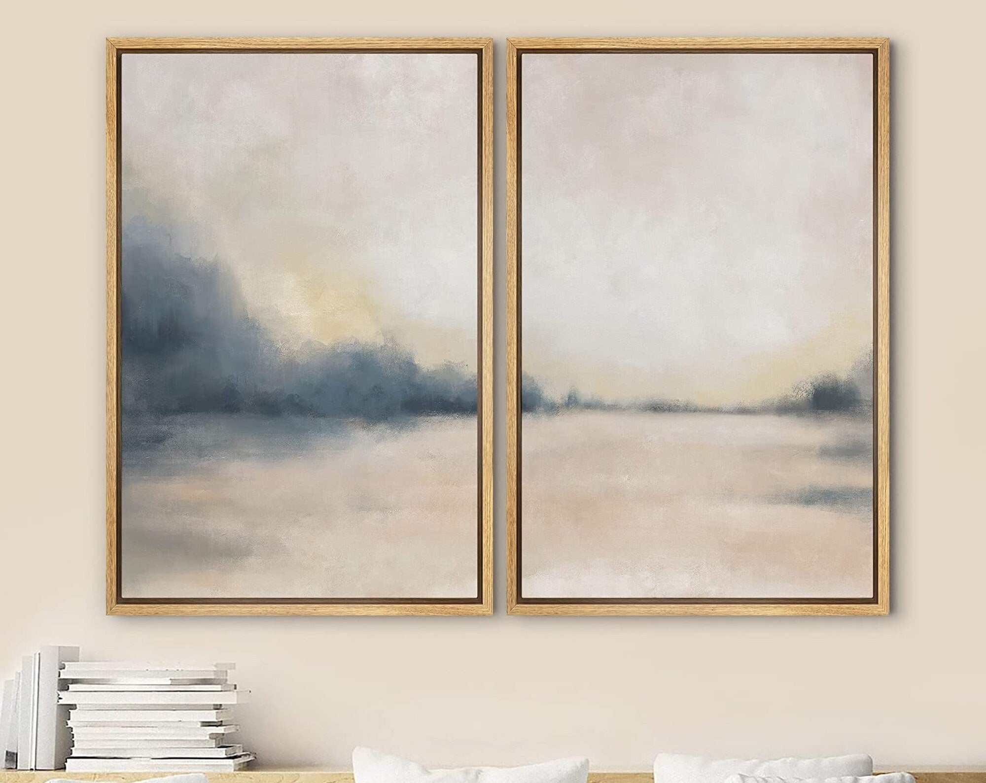 Framed Canvas Print Wall Art Set of 2 Pastel Gray Tan Abstract Landscape Modern Art Neutral Minimalist Decor