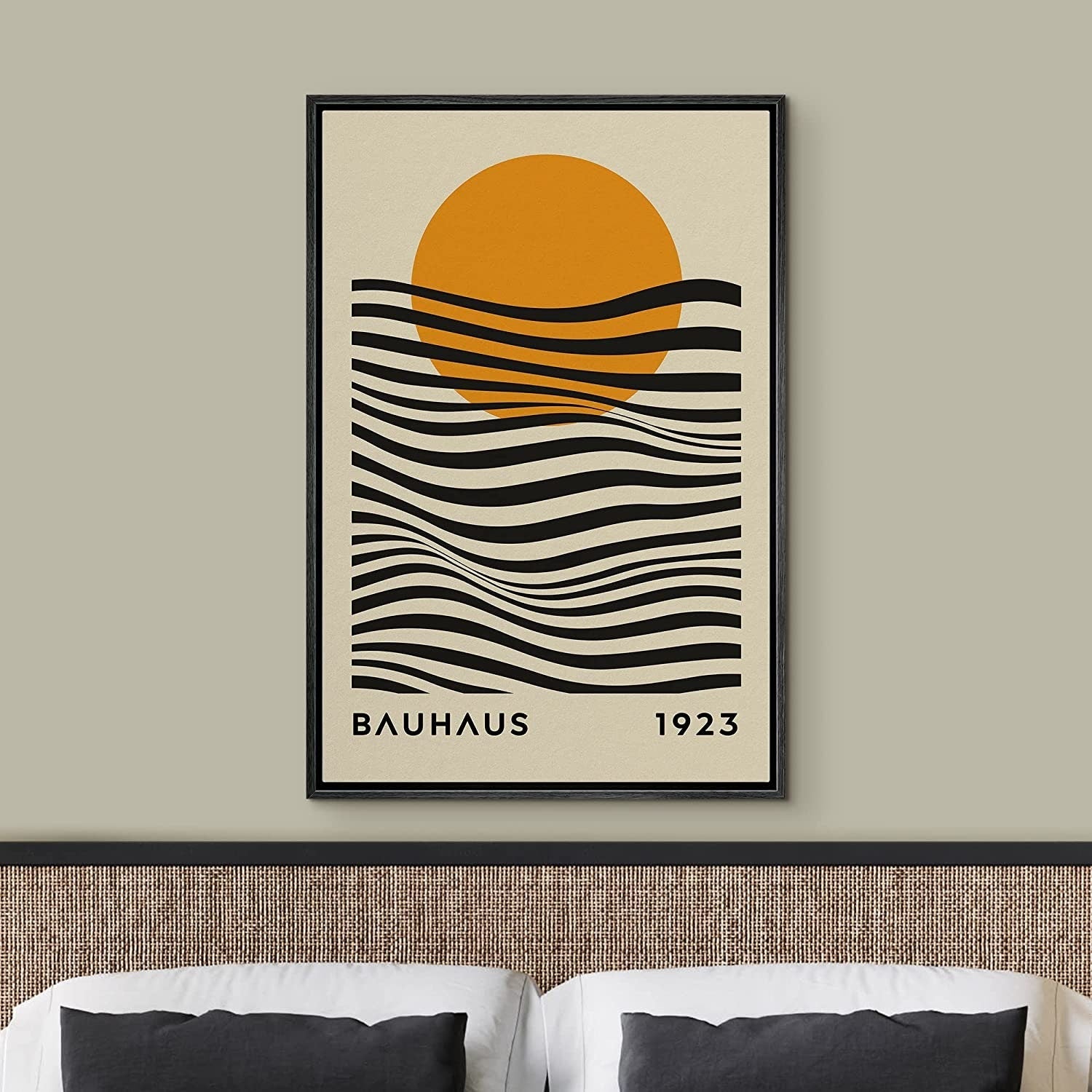 Framed Canvas Print Wall Art Bauhaus Sun and Waves Abstract Illustration Mid Century Modern Wall Art Minimalist Decor
