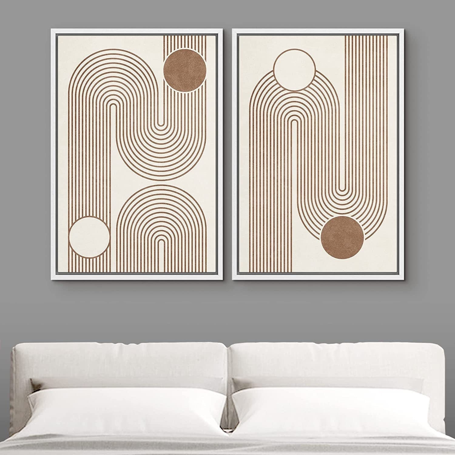 Framed Canvas Print Wall Art Set of 2 Geometric Circle Lines Abstract Mid Century Modern Art Minimalist Boho Decor