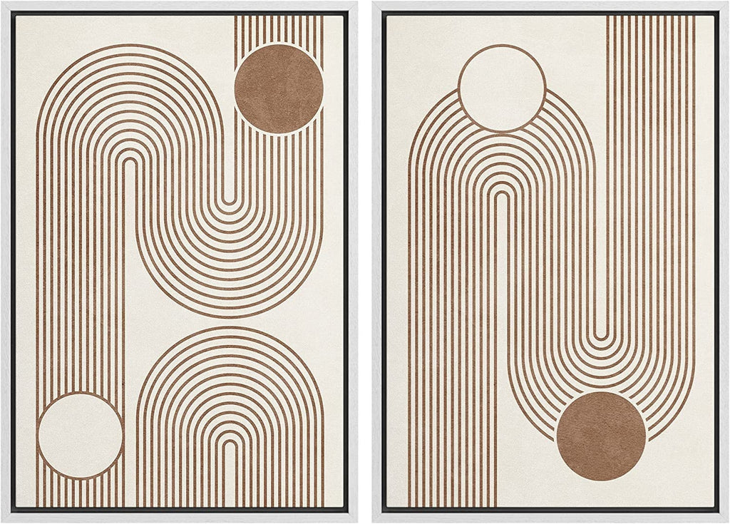 Framed Canvas Print Wall Art Set of 2 Geometric Circle Lines Abstract Mid Century Modern Art Minimalist Boho Decor