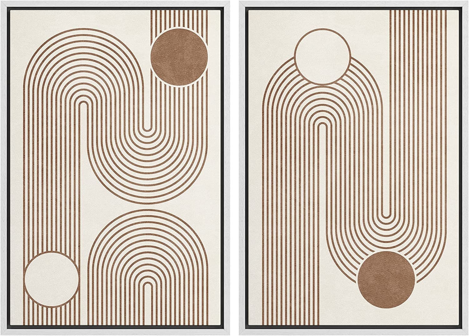 Framed Canvas Print Wall Art Set of 2 Geometric Circle Lines Abstract Mid Century Modern Art Minimalist Boho Decor