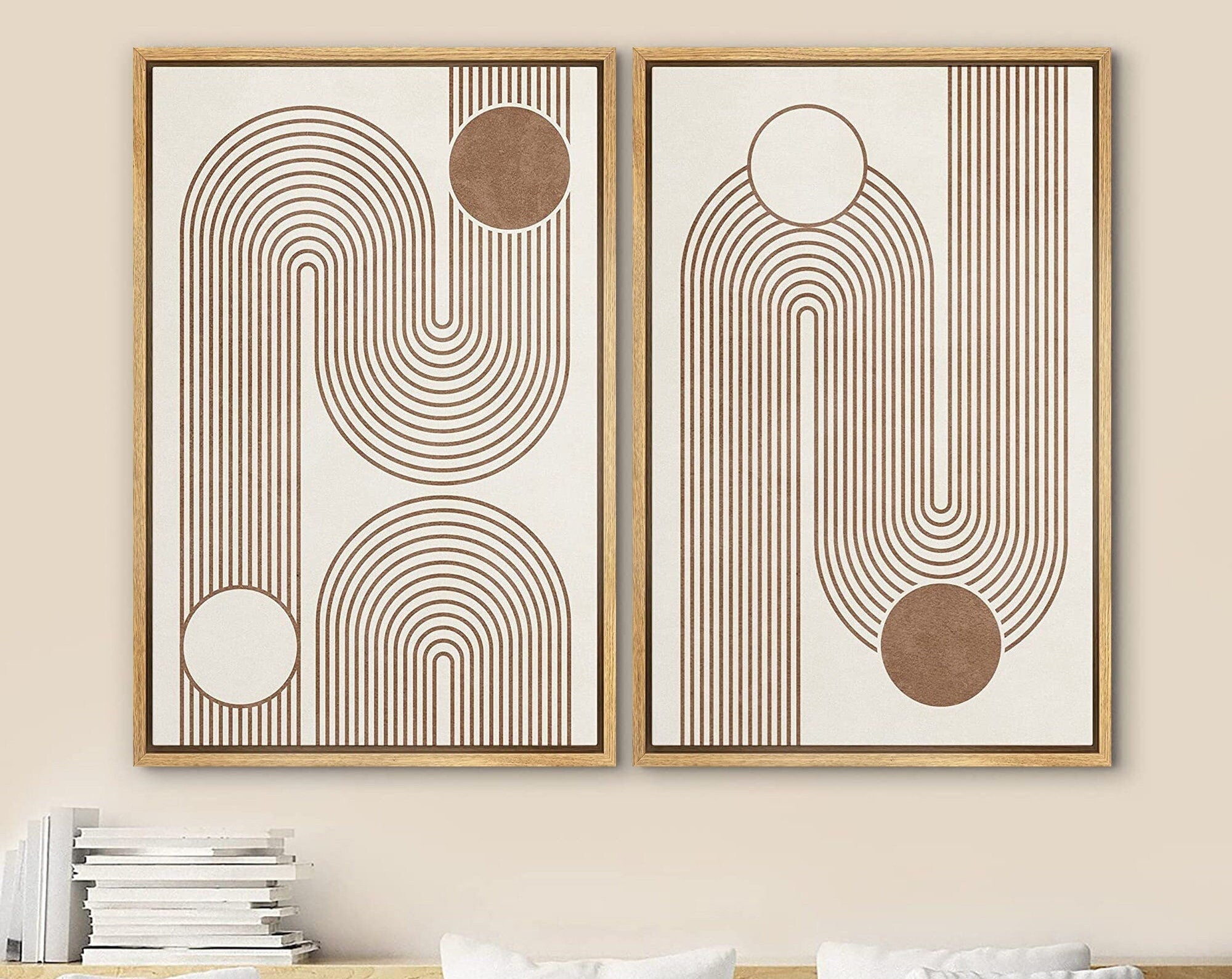 Framed Canvas Print Wall Art Set of 2 Geometric Circle Lines Abstract Mid Century Modern Art Minimalist Boho Decor