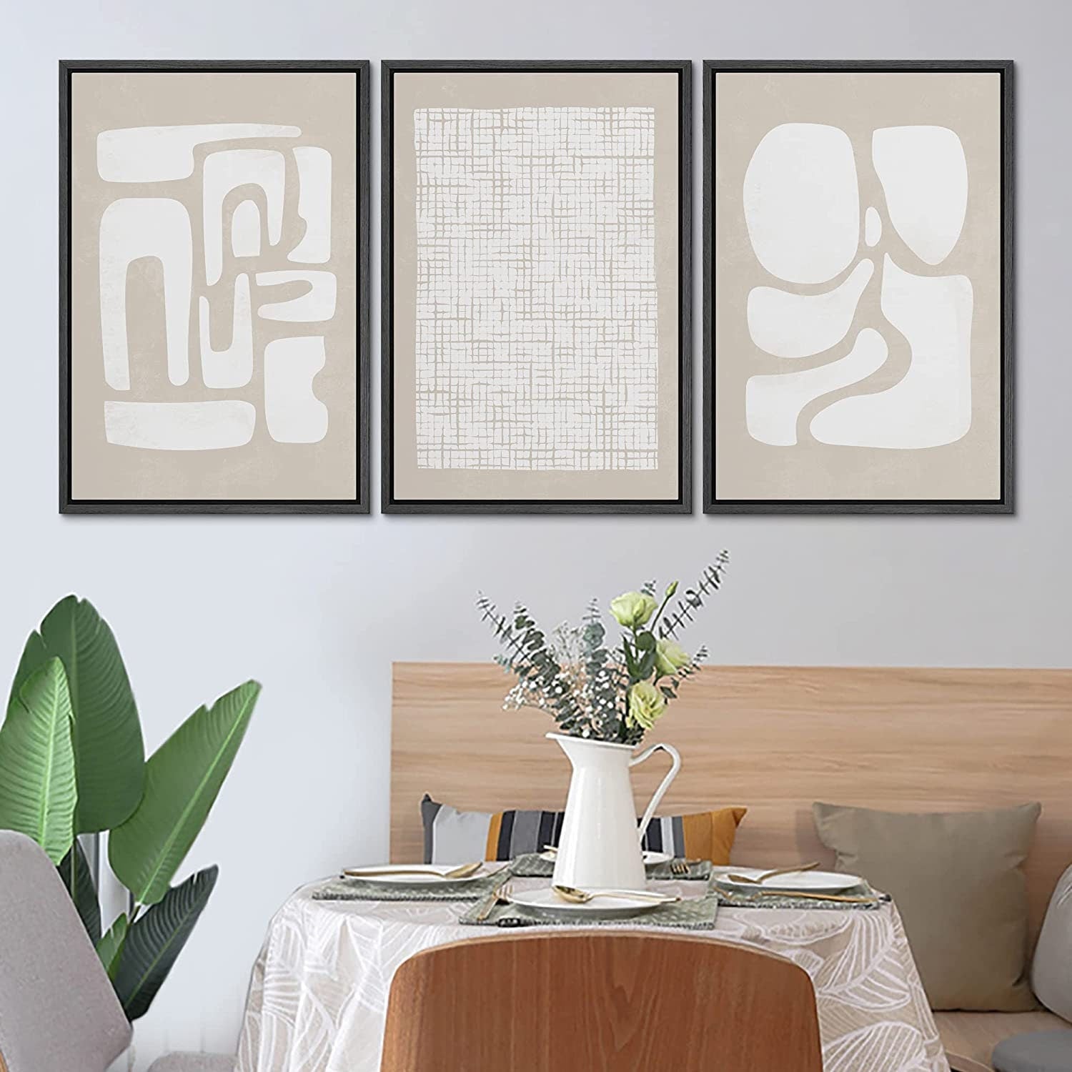 Framed Canvas Print Wall Art Set of 3 Beige White Geometric Abstract Shapes Illustrations Modern Art Minimalist Neutral Decor