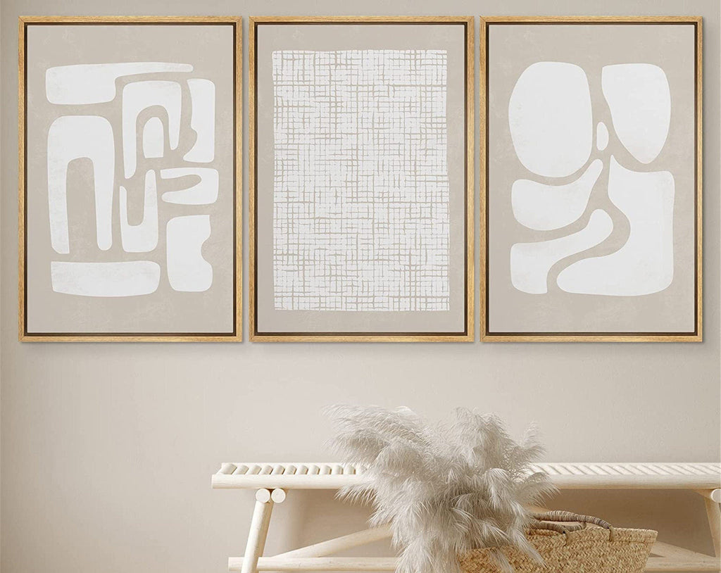 Framed Canvas Print Wall Art Set of 3 Beige White Geometric Abstract Shapes Illustrations Modern Art Minimalist Neutral Decor