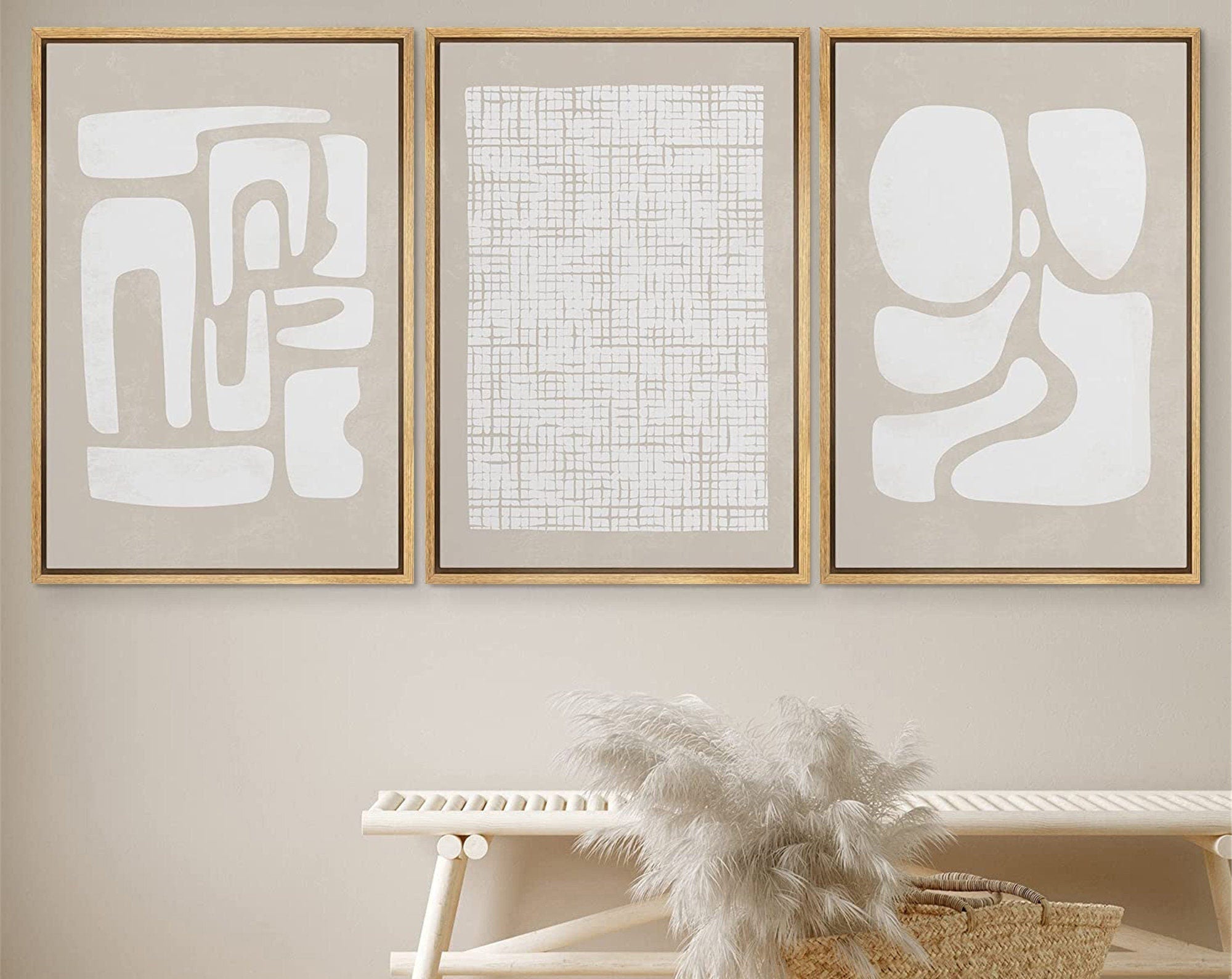 Framed Canvas Print Wall Art Set of 3 Beige White Geometric Abstract Shapes Illustrations Modern Art Minimalist Neutral Decor