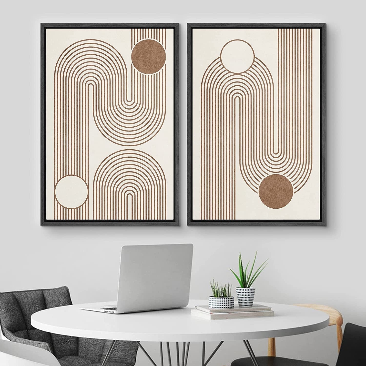 Framed Canvas Print Wall Art Set of 2 Geometric Circle Lines Abstract Mid Century Modern Art Minimalist Boho Decor