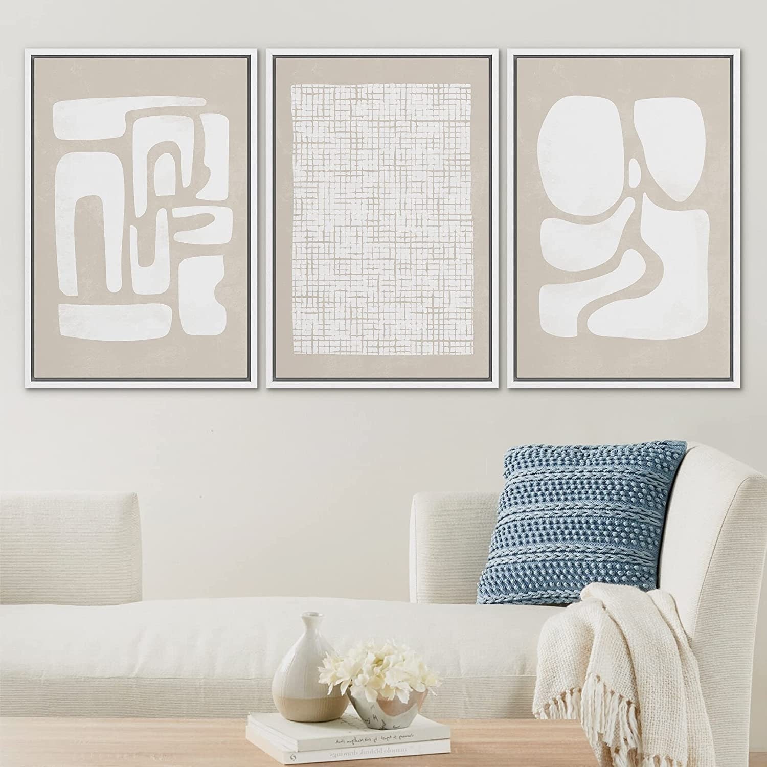 Framed Canvas Print Wall Art Set of 3 Beige White Geometric Abstract Shapes Illustrations Modern Art Minimalist Neutral Decor