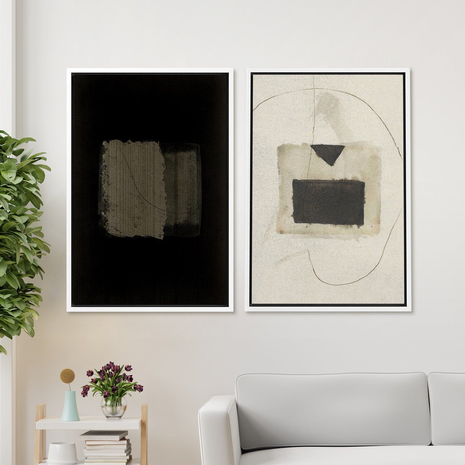 Framed Canvas Wall Art Set of 2 Black and White Grunge Abstract Print Minimalist Modern Wall Art Neutral Decor