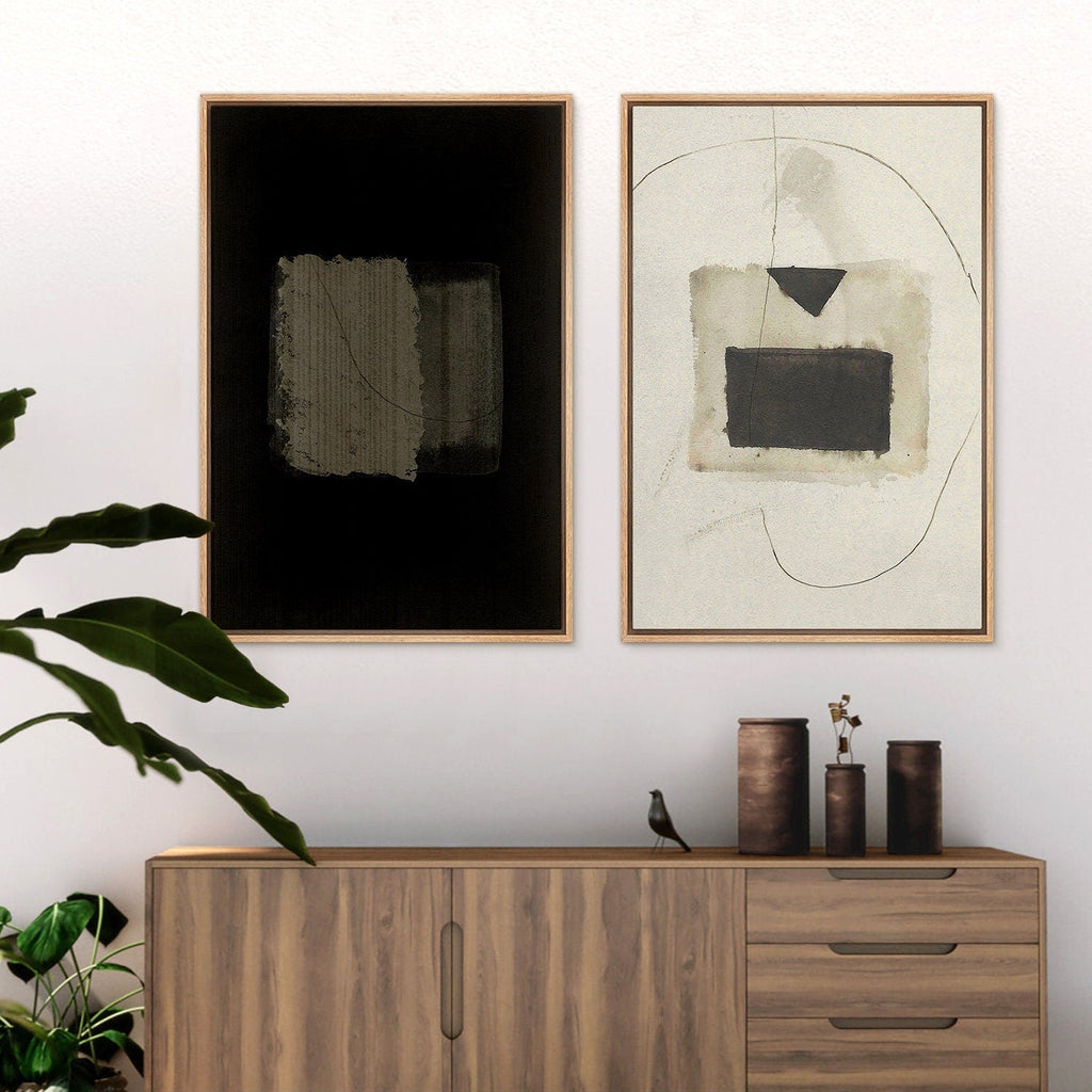 Framed Canvas Wall Art Set of 2 Black and White Grunge Abstract Print Minimalist Modern Wall Art Neutral Decor