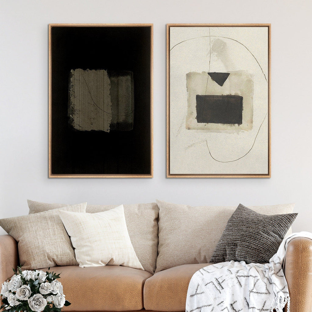 Framed Canvas Wall Art Set of 2 Black and White Grunge Abstract Print Minimalist Modern Wall Art Neutral Decor