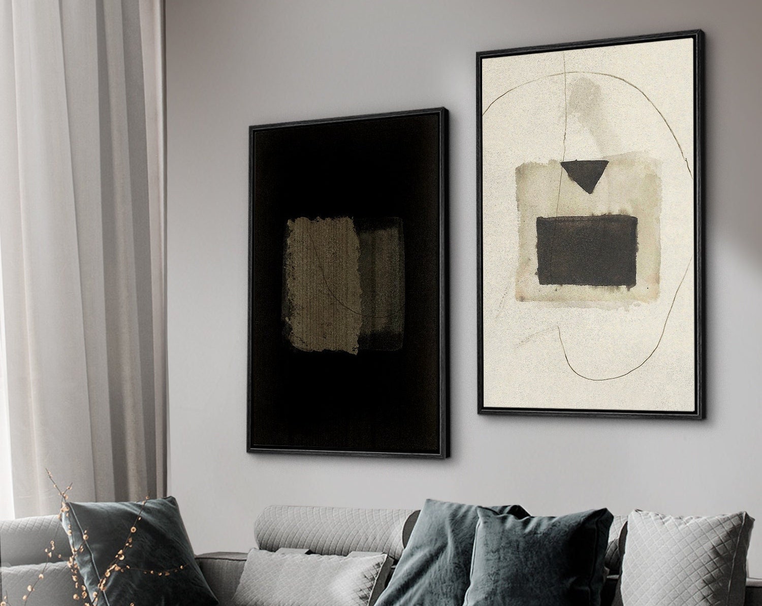 Framed Canvas Wall Art Set of 2 Black and White Grunge Abstract Print Minimalist Modern Wall Art Neutral Decor