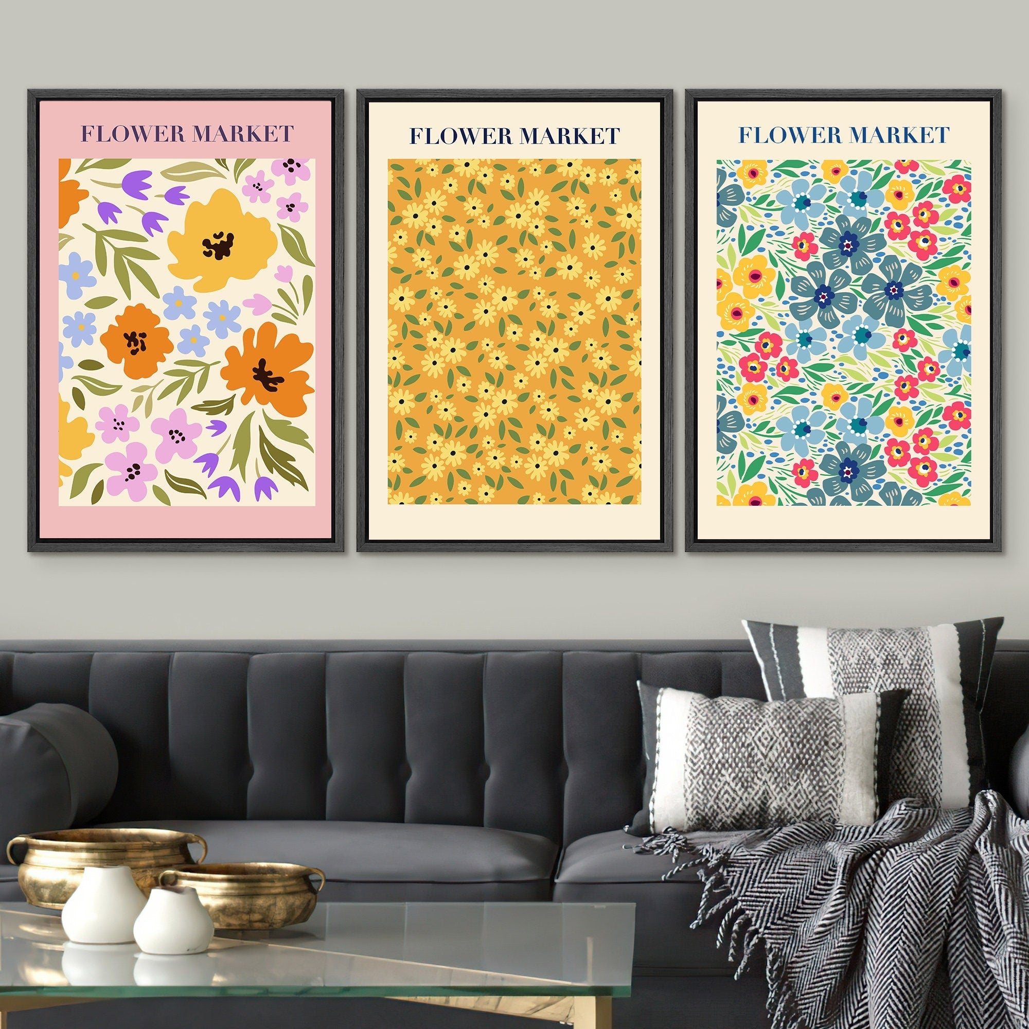 Framed Canvas Wall Art Print Set of 3 Wildflower Floral Green Botanical Illustrations Minimalist Modern Boho Wall Decor for Living Room