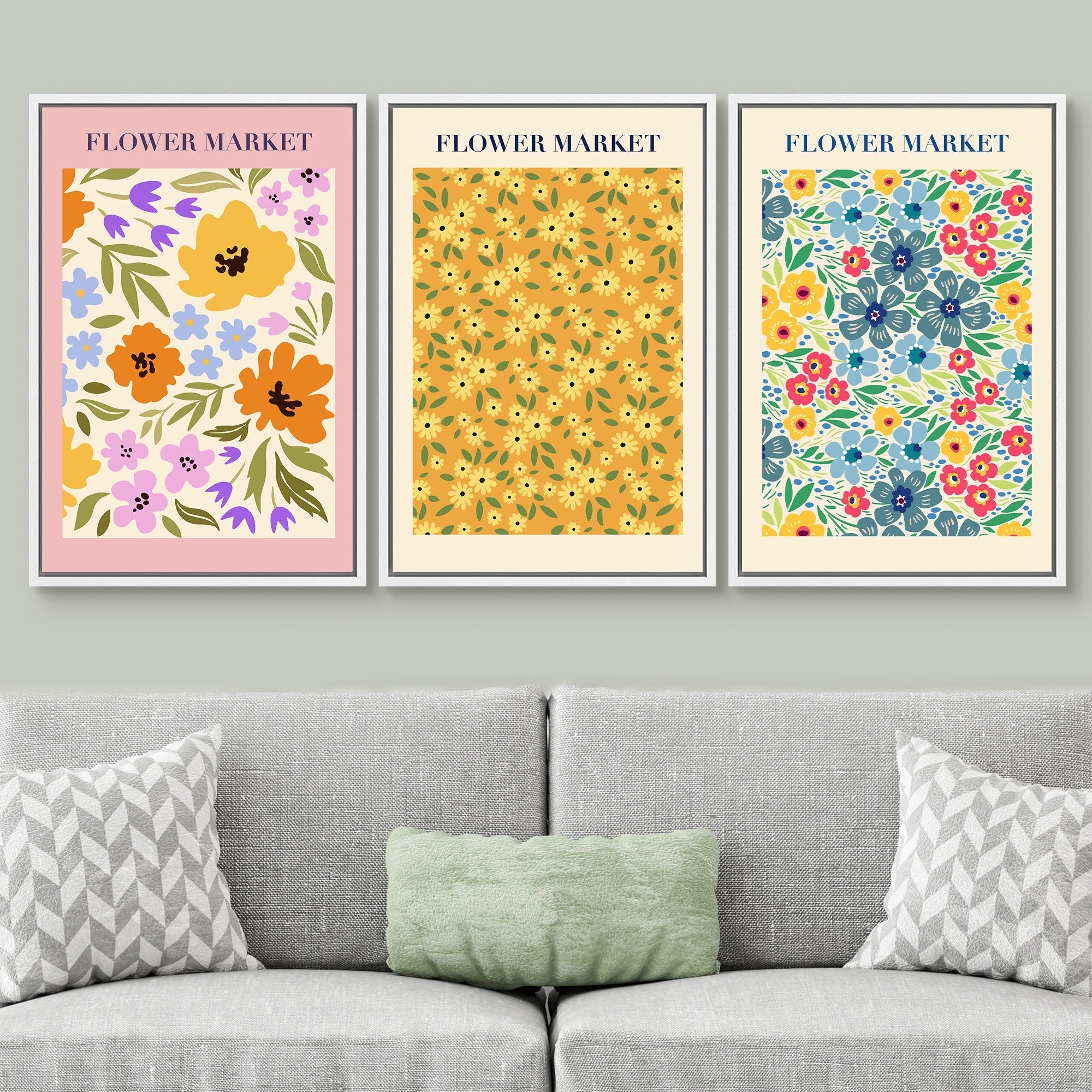 Framed Canvas Wall Art Print Set of 3 Wildflower Floral Green Botanical Illustrations Minimalist Modern Boho Wall Decor for Living Room