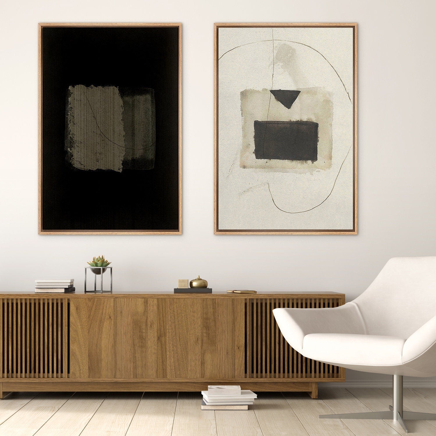 Framed Canvas Wall Art Set of 2 Black and White Grunge Abstract Print Minimalist Modern Wall Art Neutral Decor