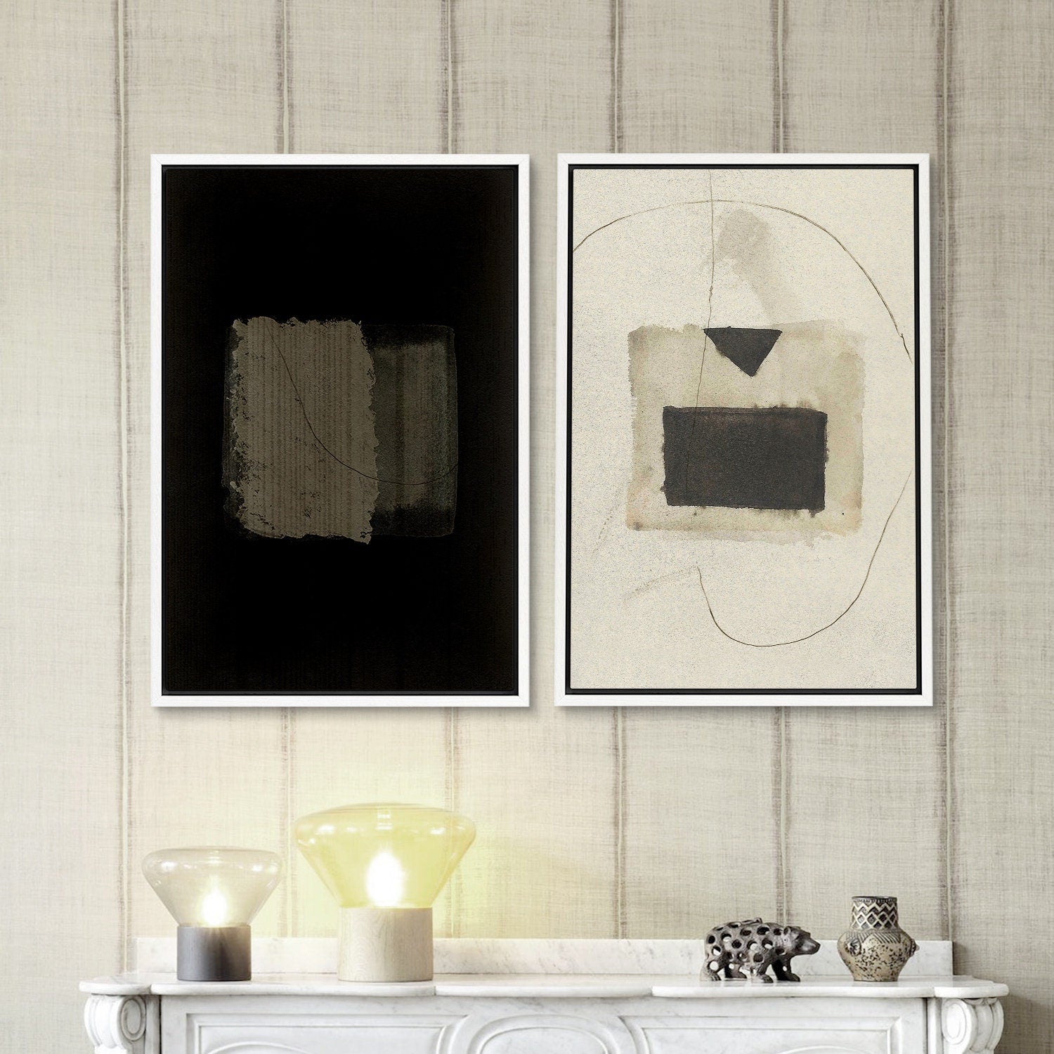 Framed Canvas Wall Art Set of 2 Black and White Grunge Abstract Print Minimalist Modern Wall Art Neutral Decor