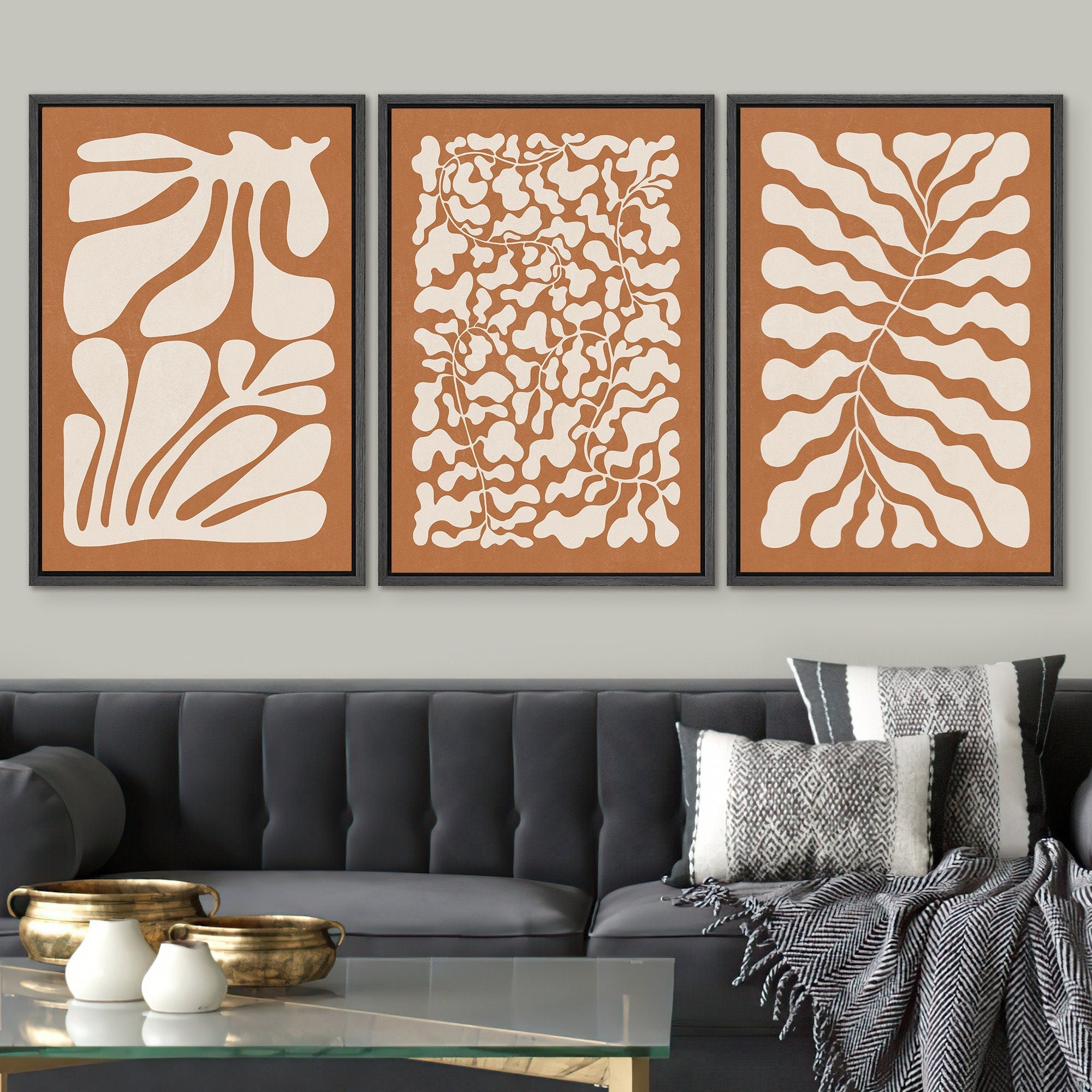 Framed Canvas Print Wall Art Set Orange Abstract Floral Botanical Illustrations Modern Art Minimalist Boho Decor