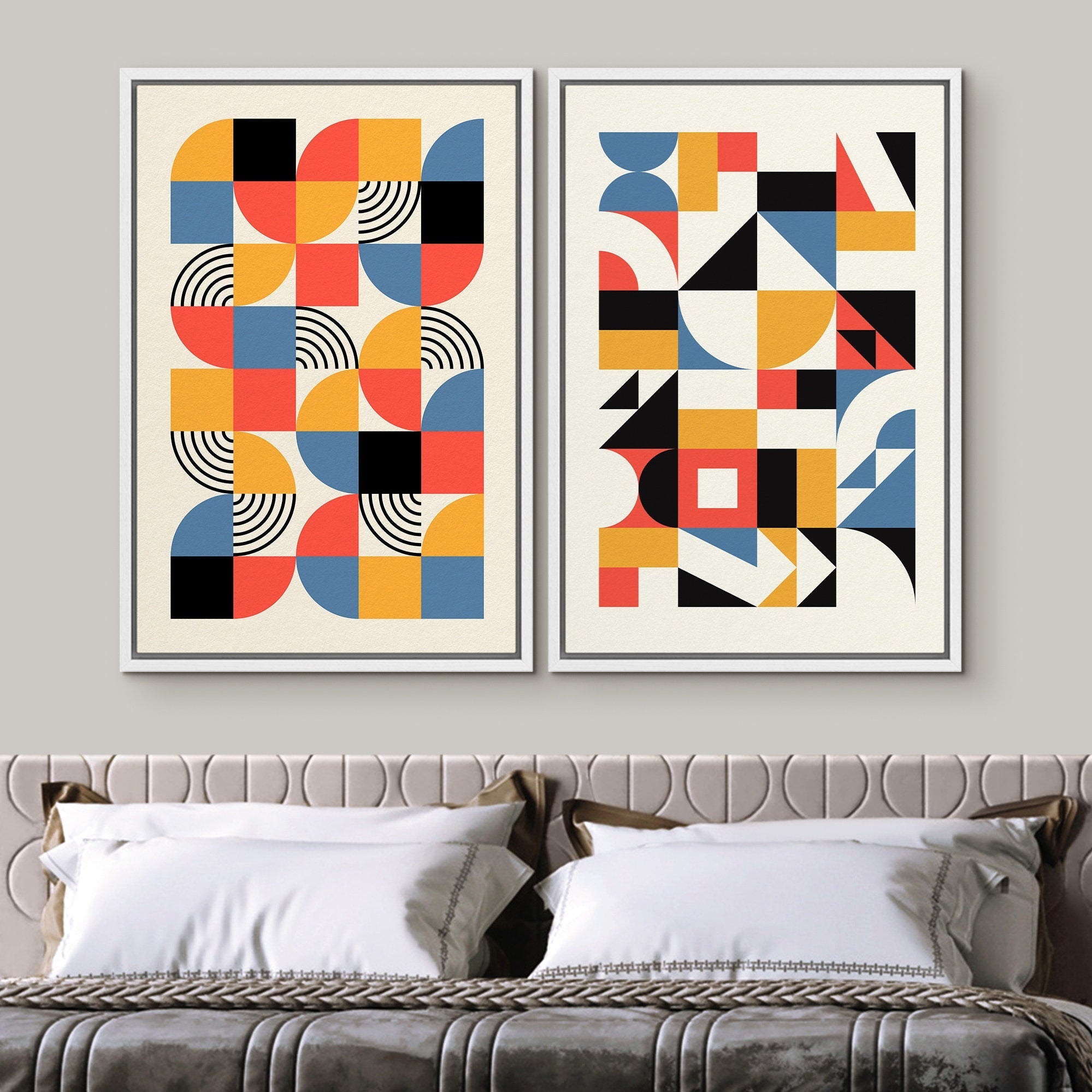 Framed Canvas Print Wall Art Set Colorful Geometric Abstract Illustrations Mid Century Modern Wall Art Minimalist Decor