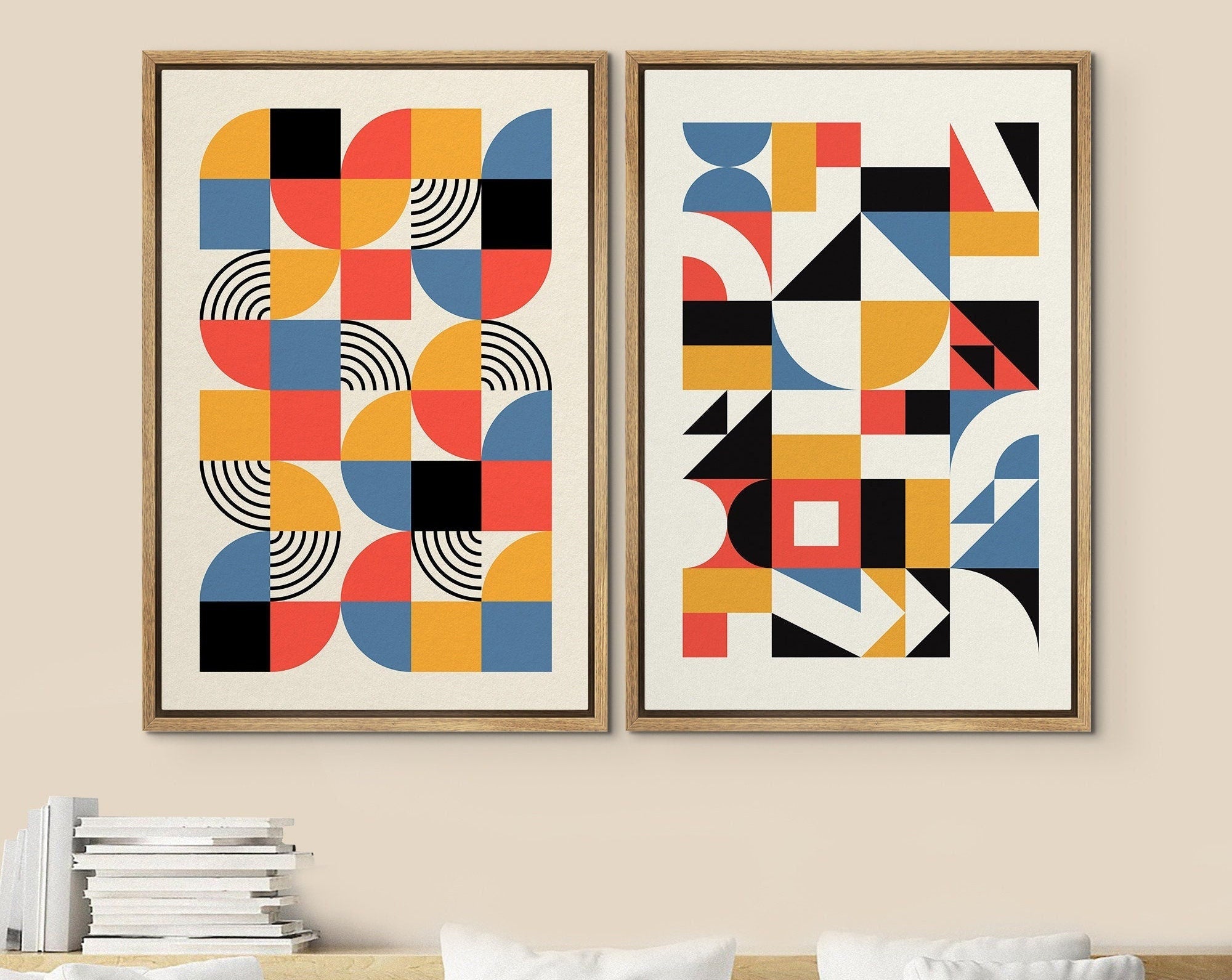 Framed Canvas Print Wall Art Set Colorful Geometric Abstract Illustrations Mid Century Modern Wall Art Minimalist Decor