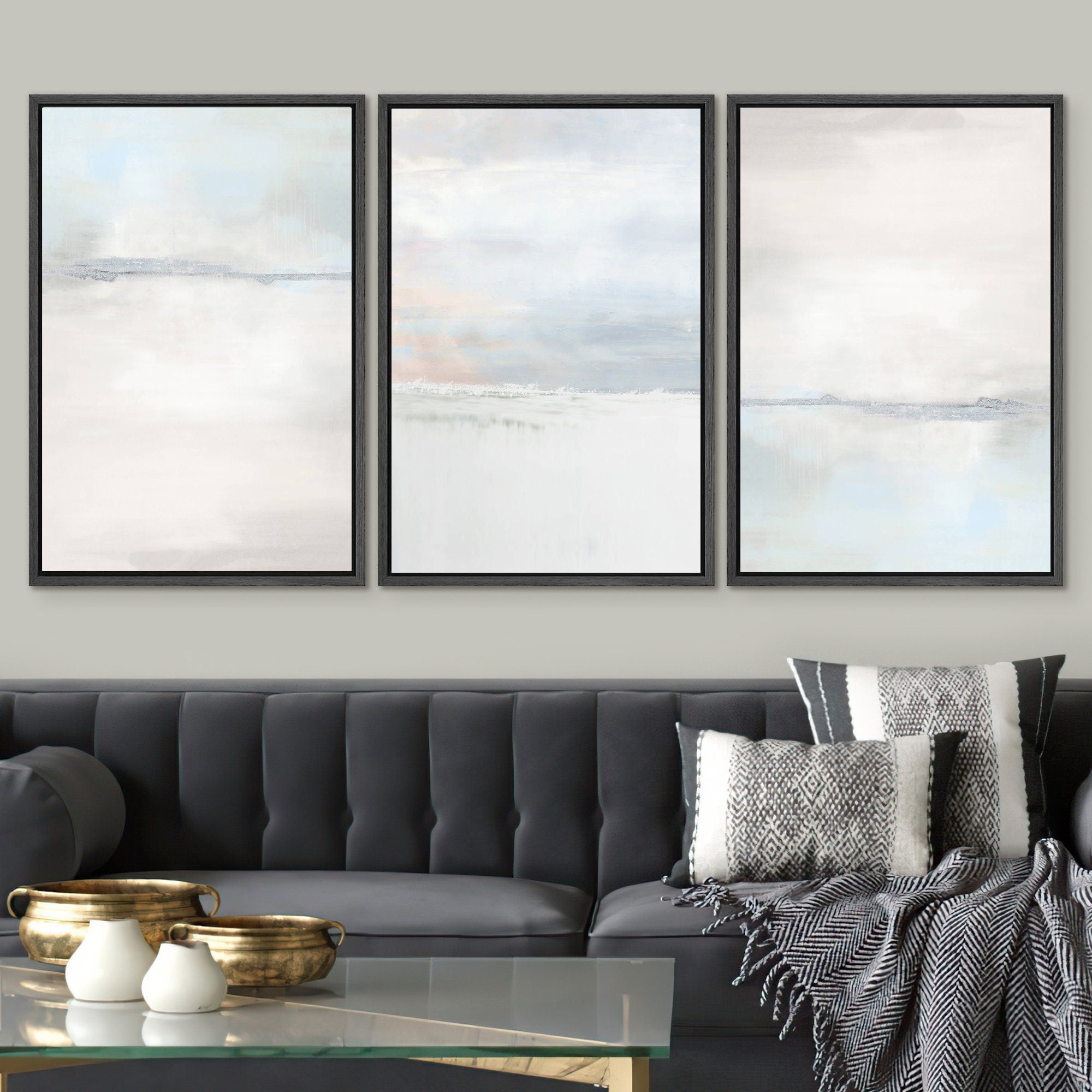 Framed Canvas Print Wall Art Set of 2 Tan Gray Pastel Abstract Illustration Modern Art Minimalist Decor