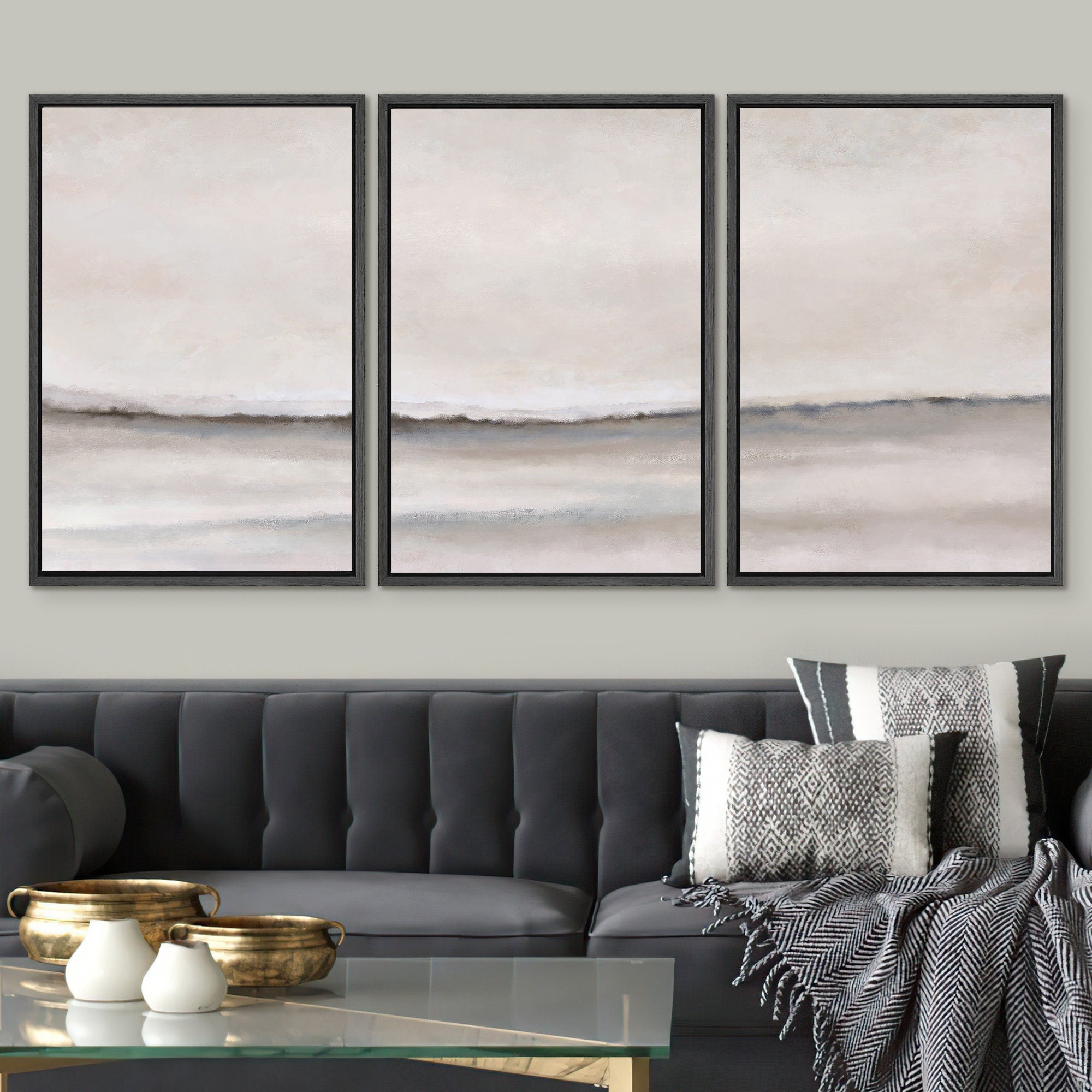 Framed Canvas Wall Art Set of 3 Brown Gray Abstract Prints Minimalist Modern Art Neutral Wall Decor