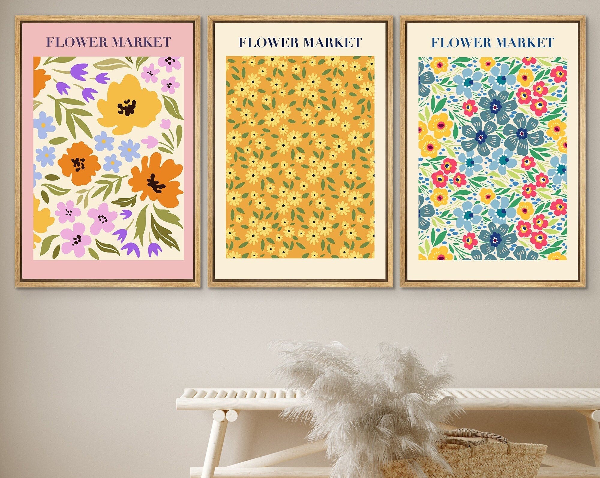Framed Canvas Wall Art Print Set of 3 Wildflower Floral Green Botanical Illustrations Minimalist Modern Boho Wall Decor for Living Room