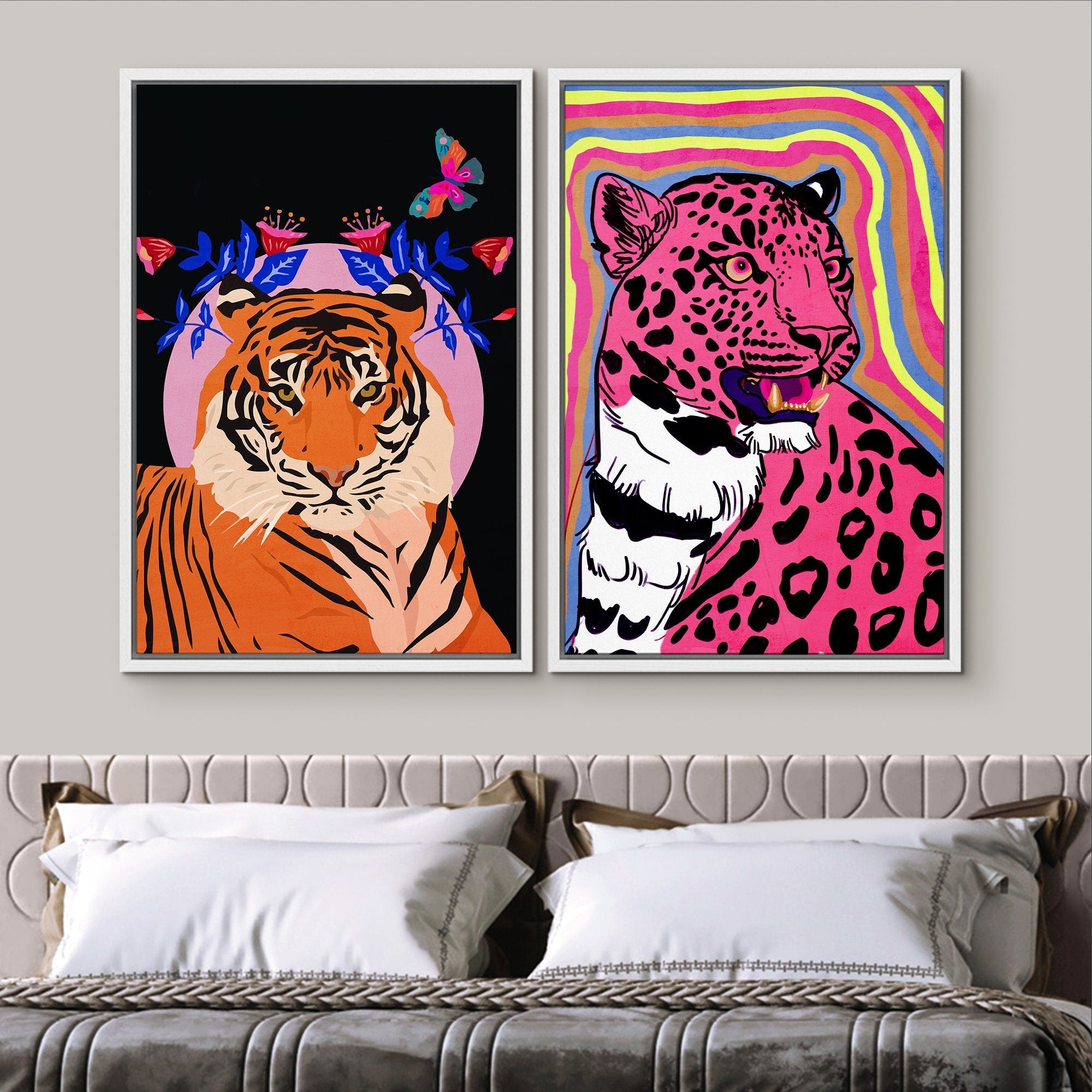 Framed Canvas Print Wall Art Set Cheetah Cats Animal Modern Boho Art Preppy Room Decor