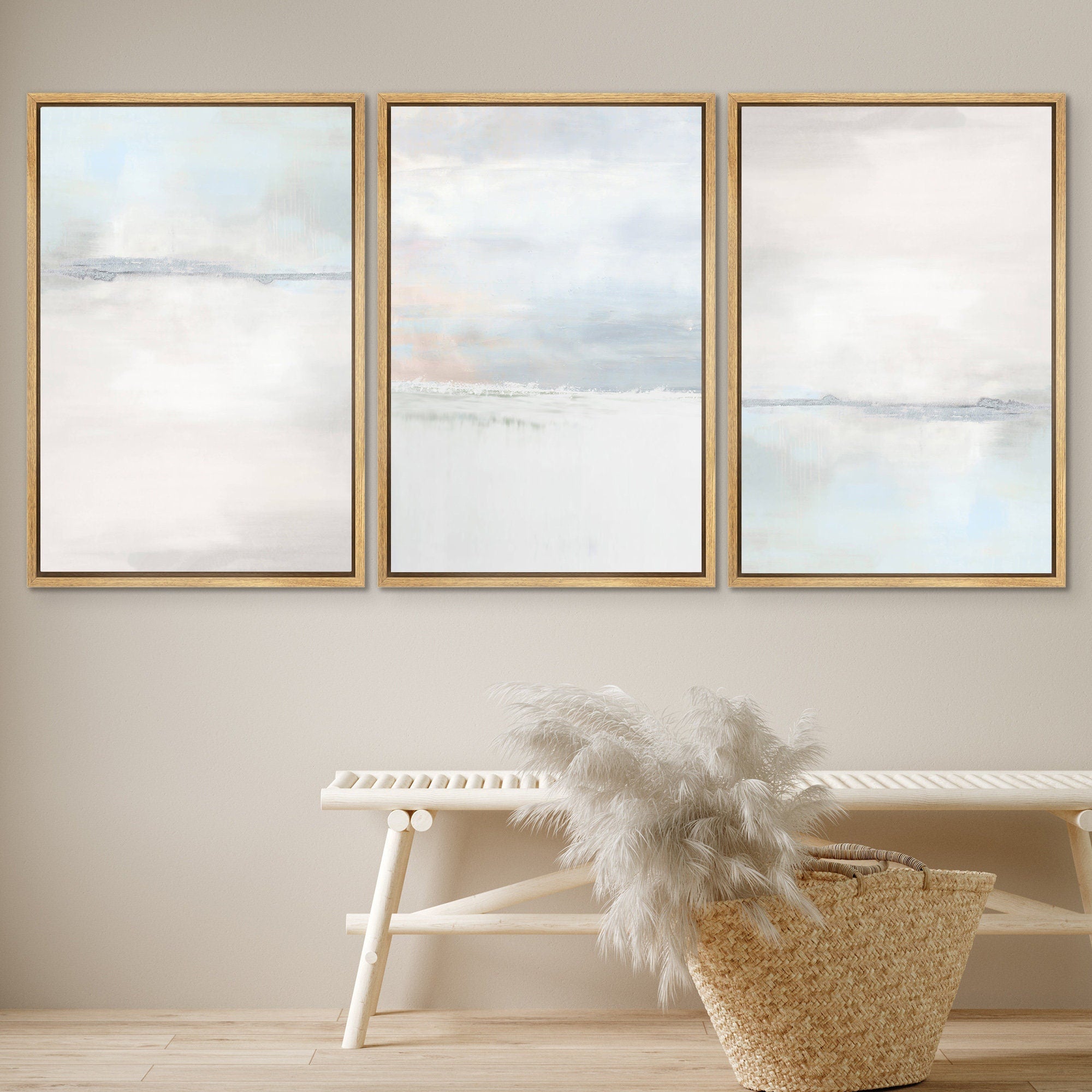 Framed Canvas Print Wall Art Set of 2 Tan Gray Pastel Abstract Illustration Modern Art Minimalist Decor