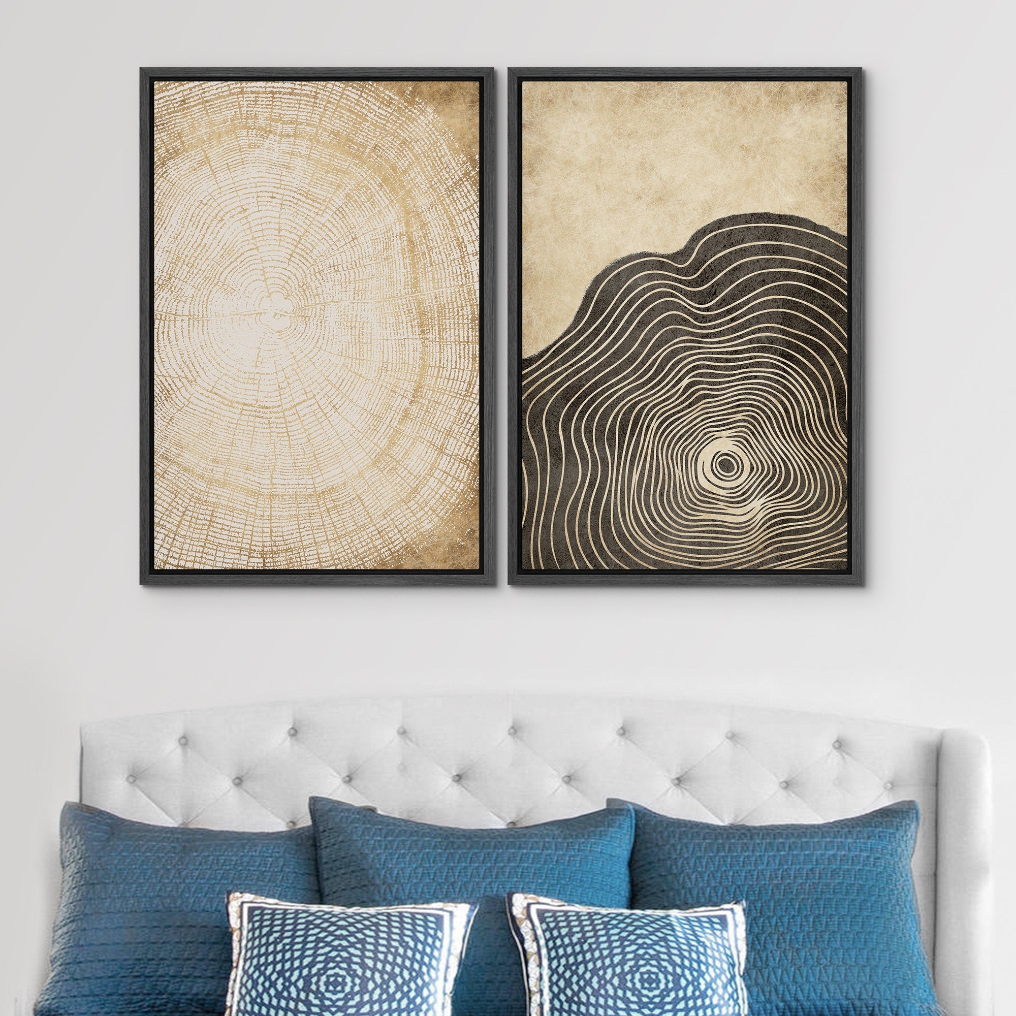 Framed Canvas Print Wall Art Set of 3 Pastel Grunge Wood Tree Rings Abstract Illustrations Minimalist Modern Art Boho Decor