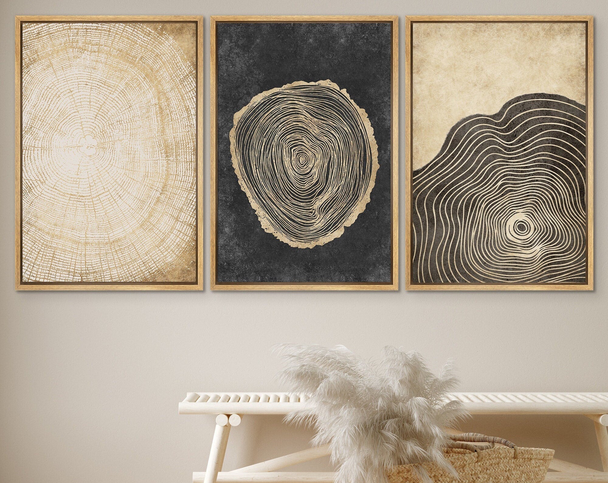 Framed Canvas Print Wall Art Set of 3 Pastel Grunge Wood Tree Rings Abstract Illustrations Minimalist Modern Art Boho Decor